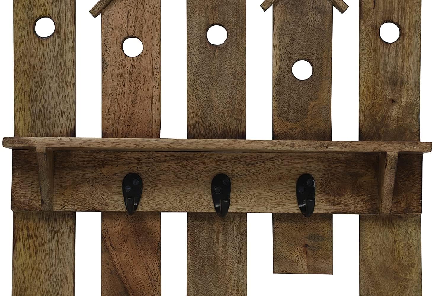 MTRXX Wooden Wall-Mounted Key Rack with 4 Hooks in Home-Shaped Design – Brown Finish