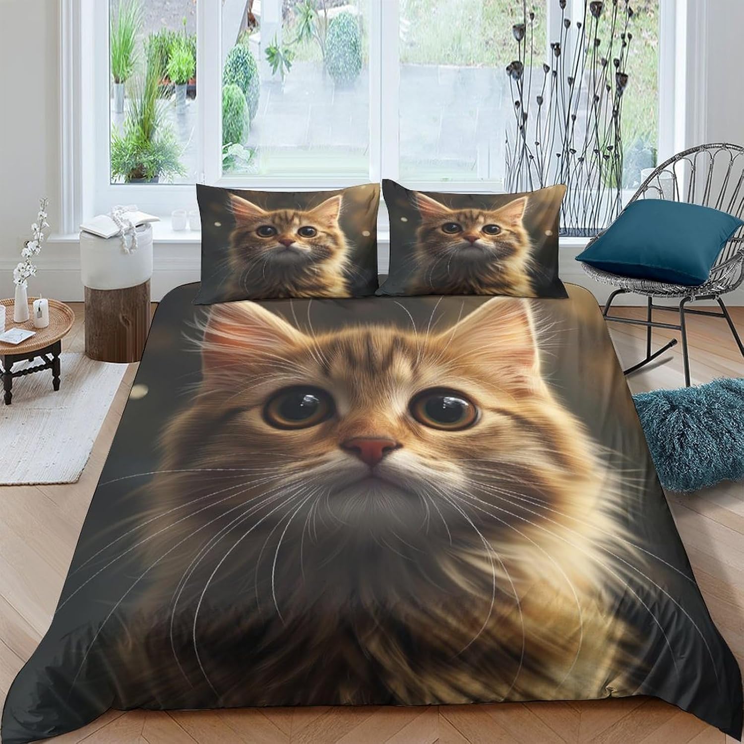 Housse de couette 135x200 anti-plis chat 3D avec zip facile