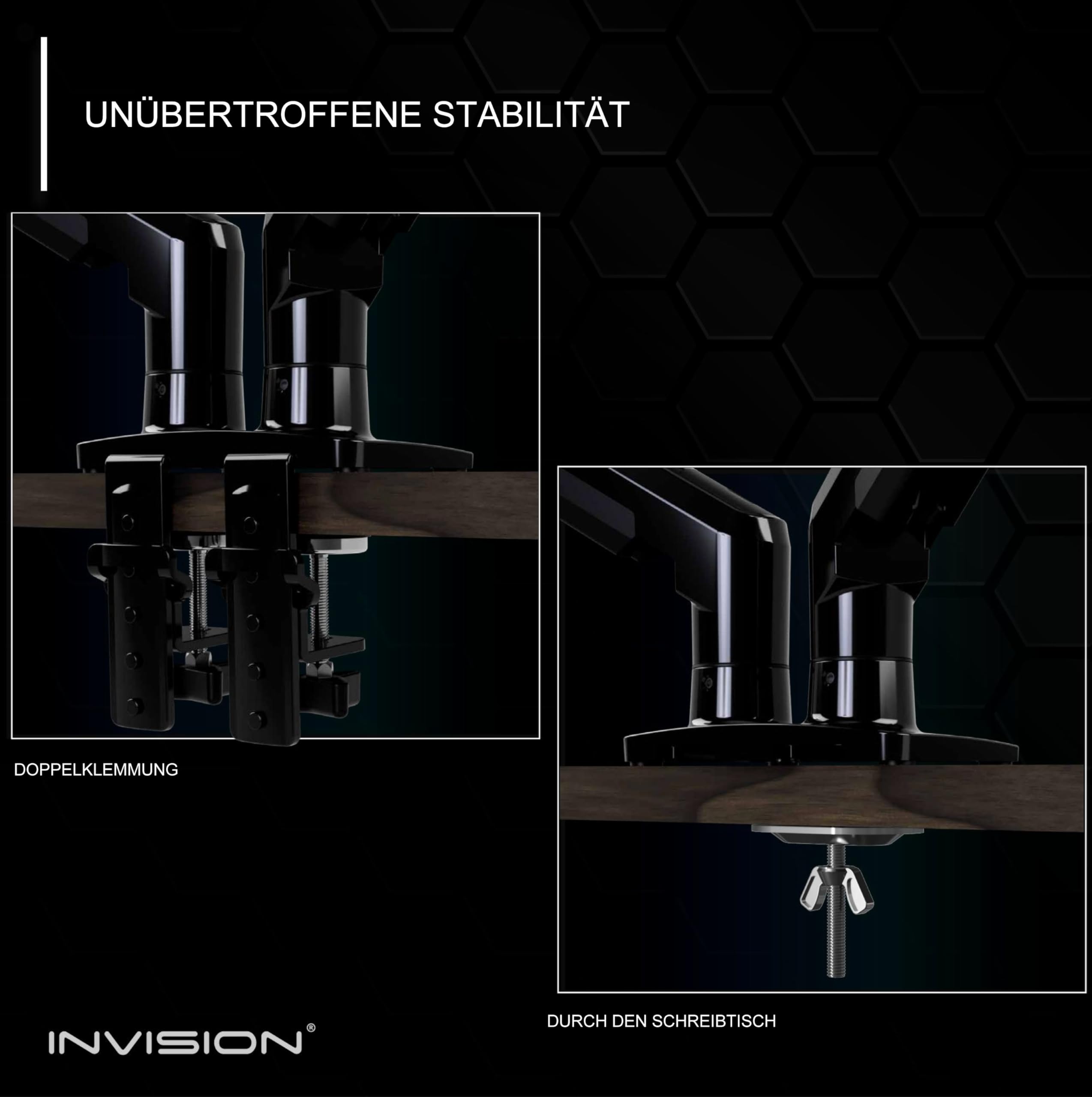 Invision Monitor Halterung für 19-32 Zoll Bildschirme - VESA 75 & 100 mm - Schreibtischklemme Ständer - Höhenverstellbar Neigungen Schwenken Dreht - Erhöhte Tragfähigkeit von 2-9 kg - MX400 Doppelarm