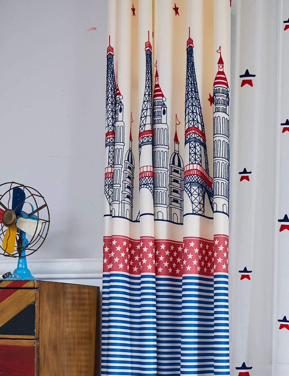 Lactraum Rideau Chambre Enfant Garçon Brodé Etoile Tour Eiffel Big Ben Coulissant Tour de Pisa Opaque avec Ruban Universel 145x245cm