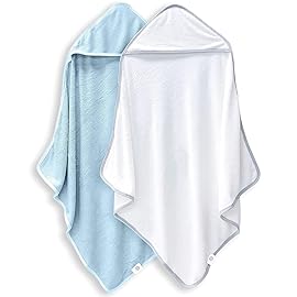 BAMBOO QUEEN 2 Pack Baby Bath Towel - Rayon Made from Bamboo, Ultra Absorbent - Ultra Soft Hooded Towels for Kids - X Large Size for 0-7 Yrs (White and Blue, 37.5 x 37.5 Inch)