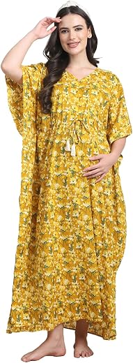 Secret Wish Printed Cotton Maternity Kaftan Full Length/Nighty/Free Size/Feeding/Nursing/Zipper/Drawstring