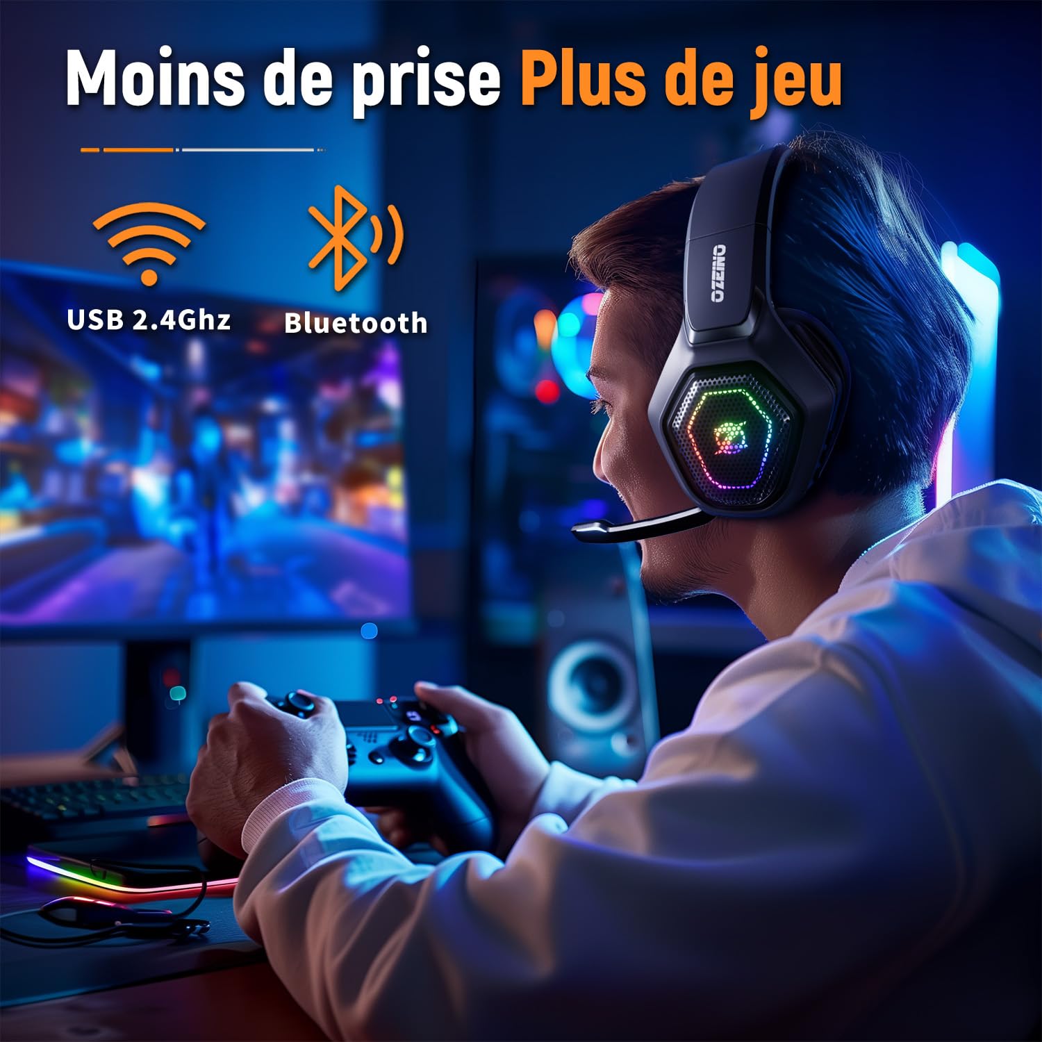Ozeino Casque Gaming sans Fil pour PC PS5 PS4, 2.4GHz Audio sans Perte, USB & Type-C Casque de Jeu Ultra Stable avec Microphone Flip (Noir)