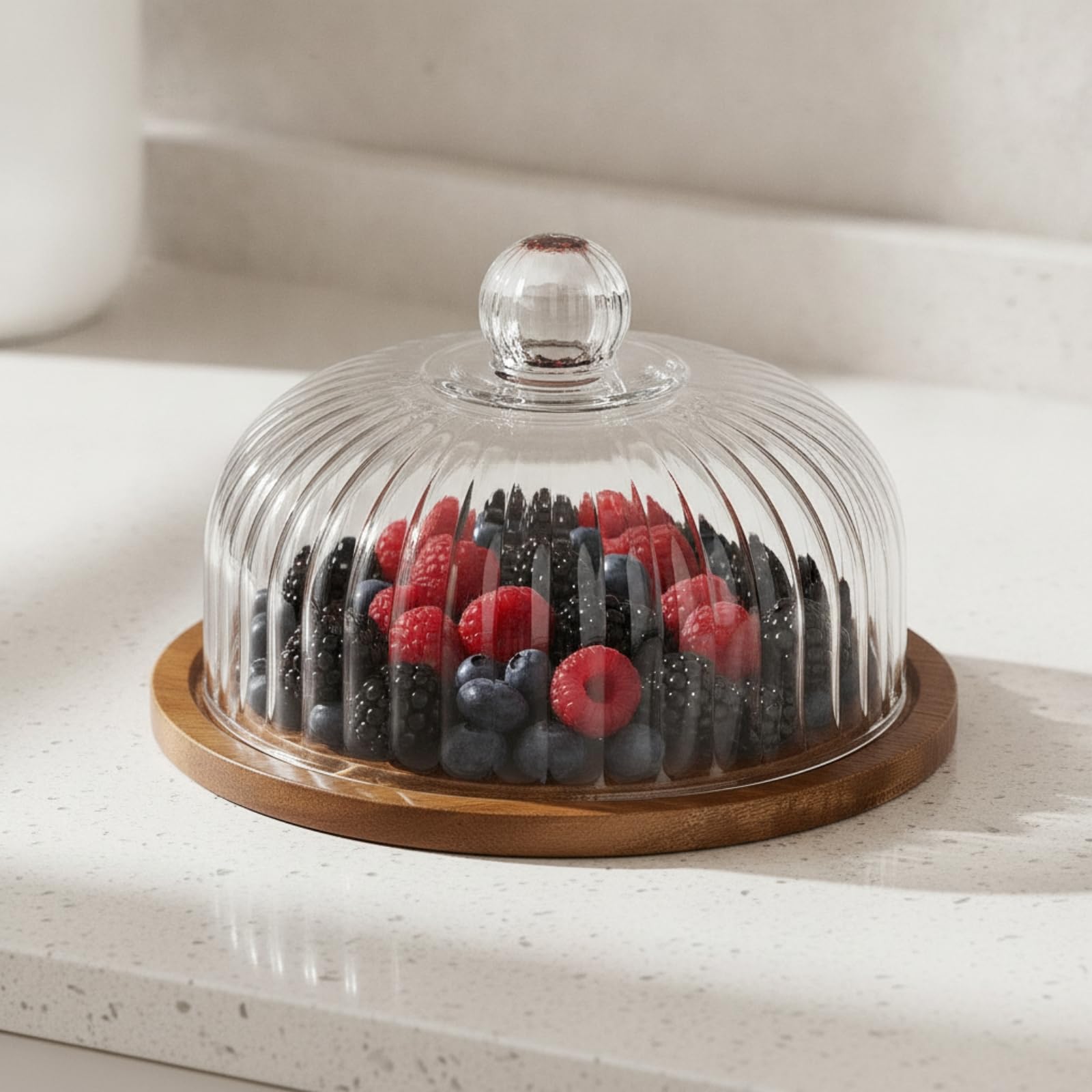 Klar Kuchenplatte mit haube, Große Größe, Akazienholztablett Mit 26-cm-Glasg