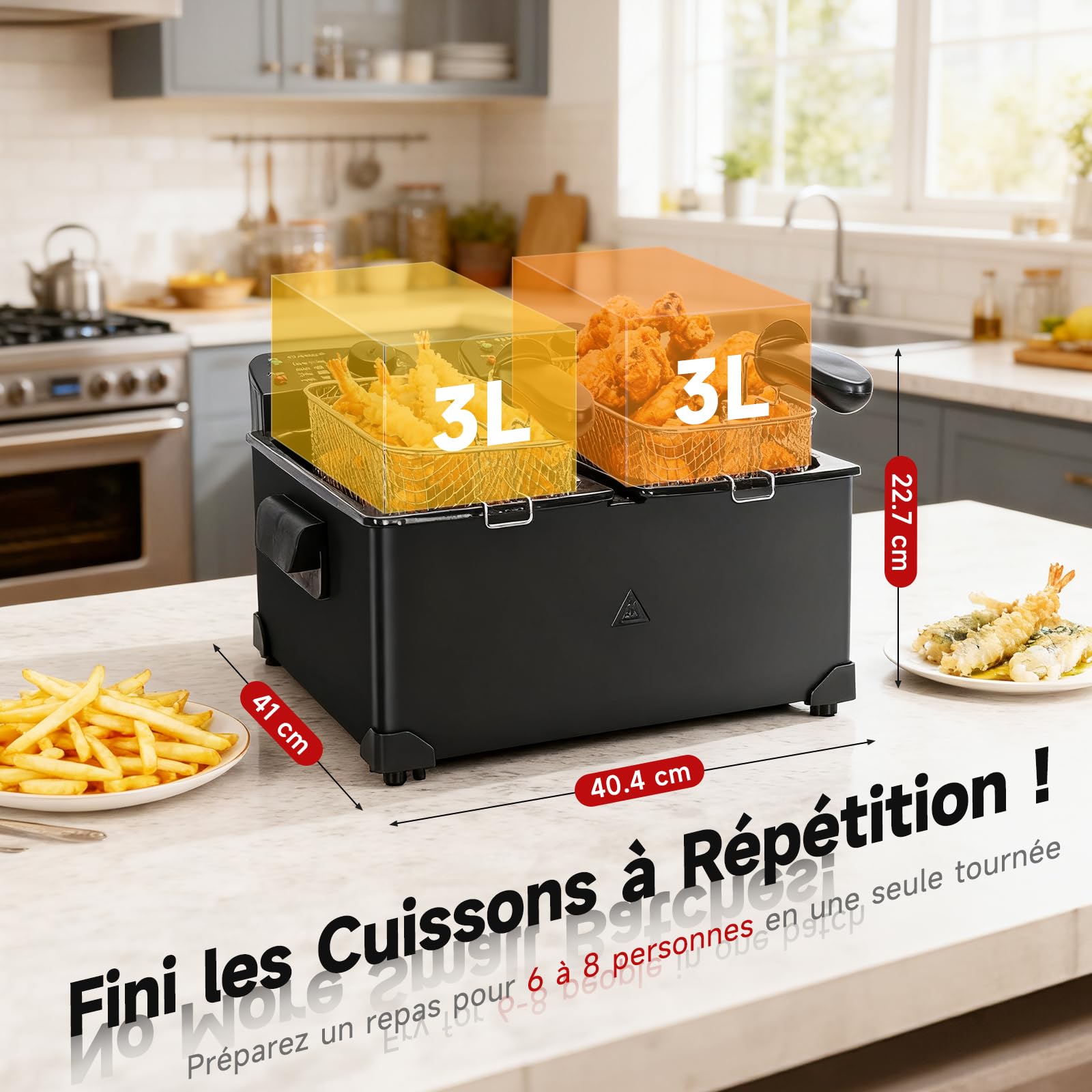Aigostar Feast - Friteuse à double cuve indépendantes 0% BPA. 3600W, capacité totale 6L : 2 x 3L. 2 thermostats, 2 couvercles avec filtres et fenêtres et 2 paniers. Entièrement démontable.