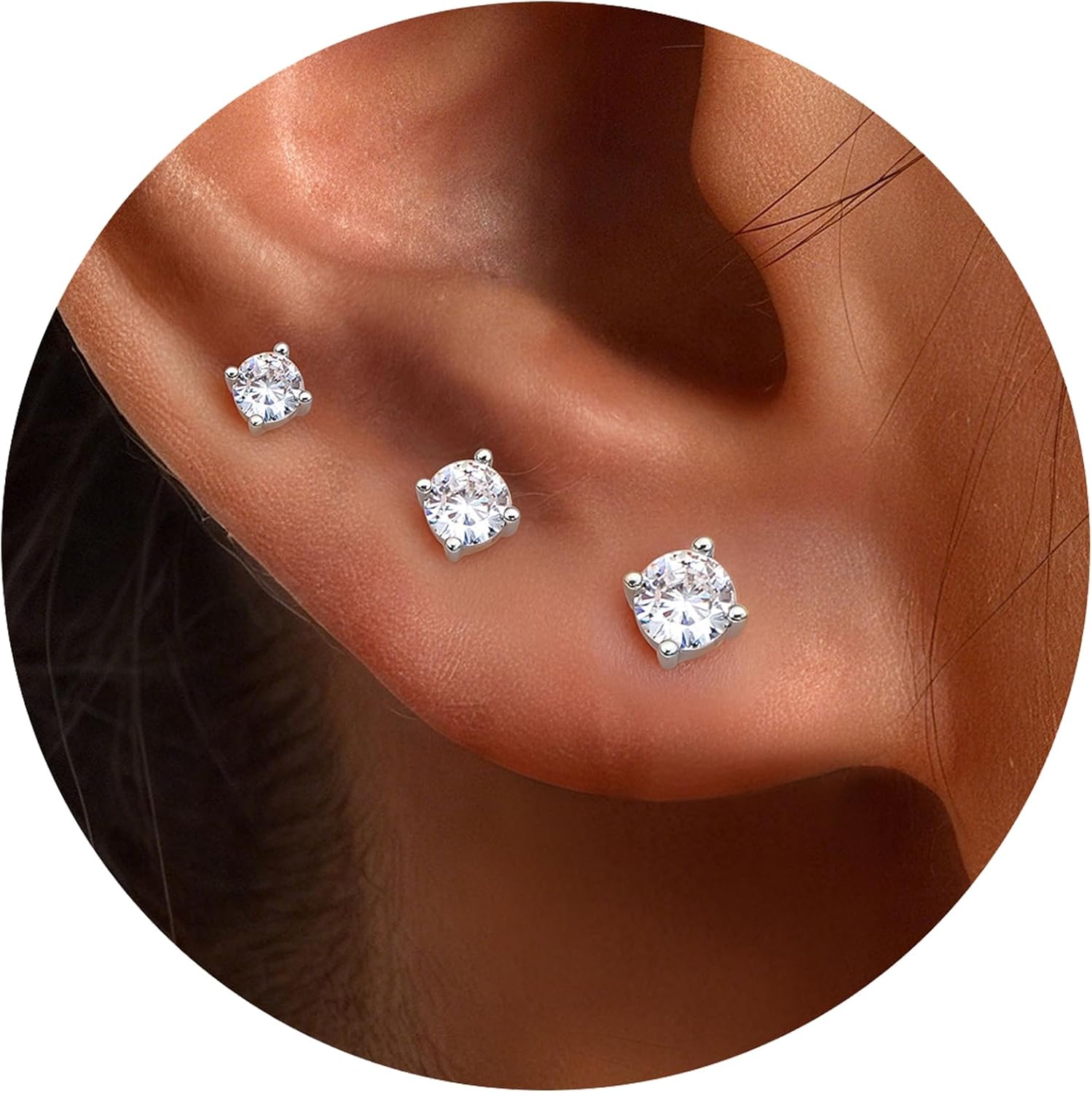 925 Sterling Silver Stud Earrings for Women 14K Gold Plated Hypoallergenic Earrings Stacks For Sensitive Ears Cute Tiny Dainty Cartilage Tragus Earring Sets for Multiple Piercing Jewelry Gifts 3 Pairs - Image 2