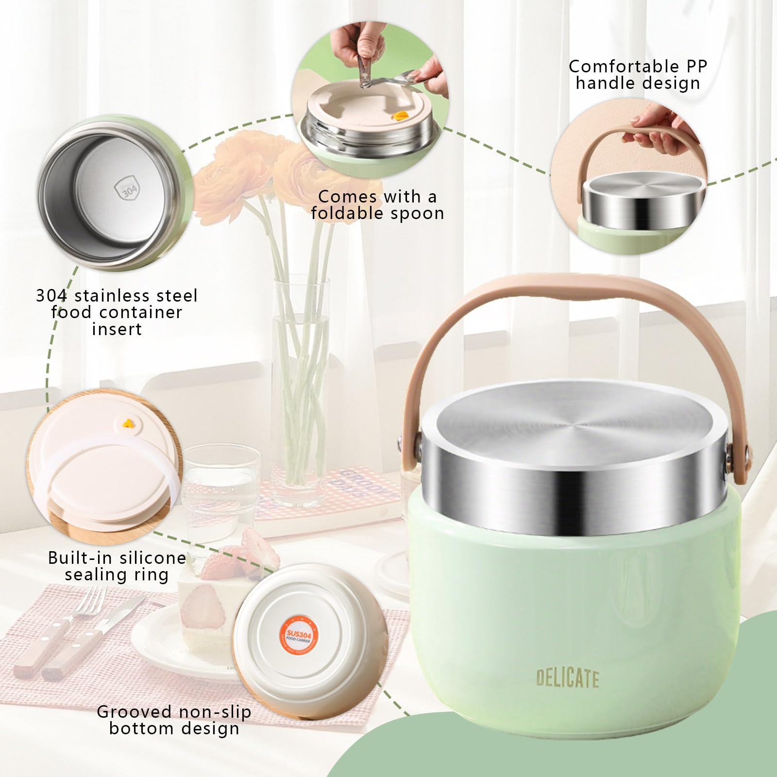 1200ml Contenitore Termico per Alimenti Caldi, Portavivande Termico in Acciaio Inossidabile con Maniglia, Thermos per Alimenti con Cucchiaio Pieghevole, Ideale per Zuppe, Pasta, Riso (Verde)