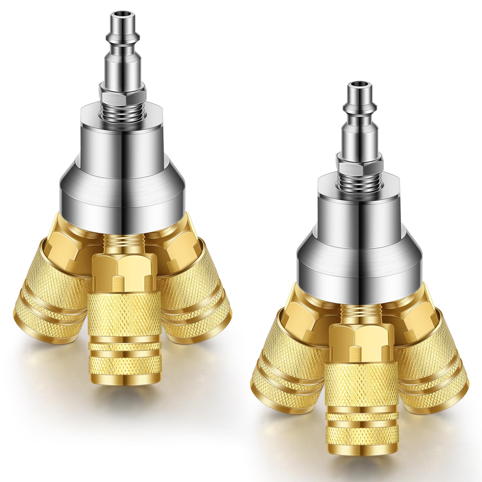 Gisafai 2 Pcs 3 Way Air Manifold Air Hose Splitter with 3 Steel Industrial Couplers and 1/4" Male Npt Plug Compressor Hose Accessories Fittings(Brass