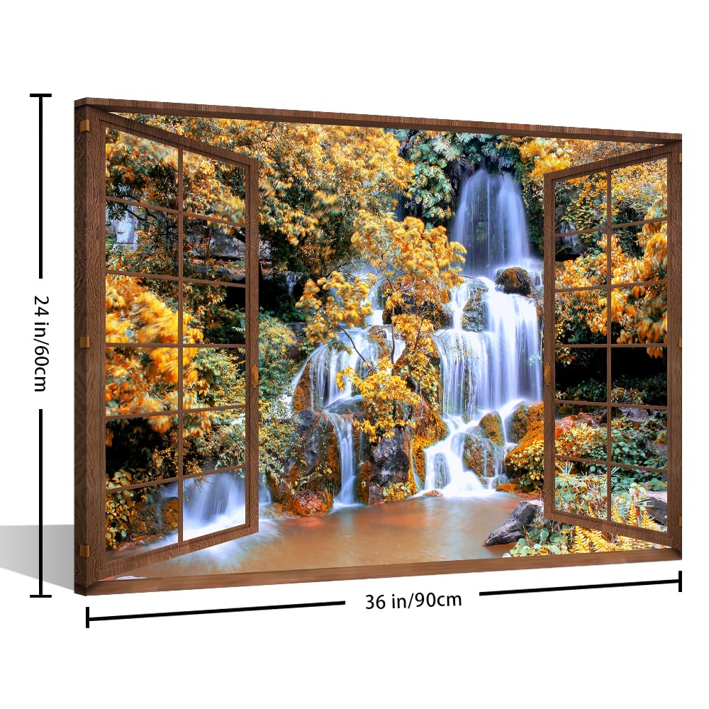 TISHIRON 3D Open Wooden Window Wall Art Canvas Waterfall View Print Paintings Framed Home Decor Paintings to Hang on Walls for Living Room Bathroom Ready to Hang 24x36inch — view 6