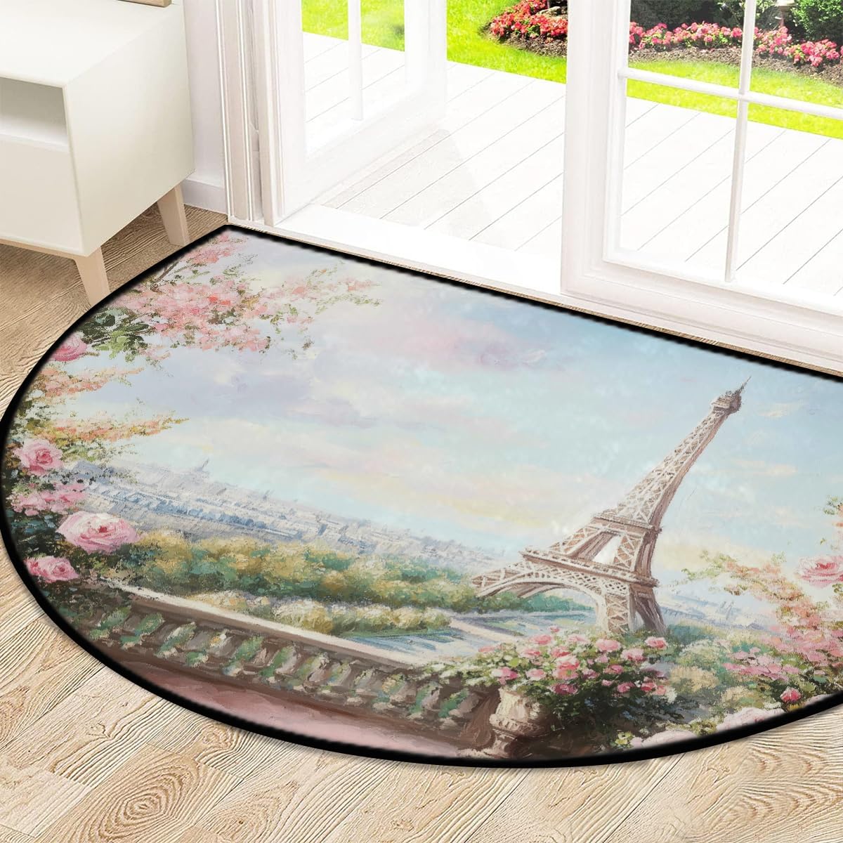 Mexpekil Paillasson demi-lune pour intérieur et extérieur - Motif paysage parisien - Antidérapant - Lavable - Absorbant la saleté - Demi-rond - 100 x 160 cm