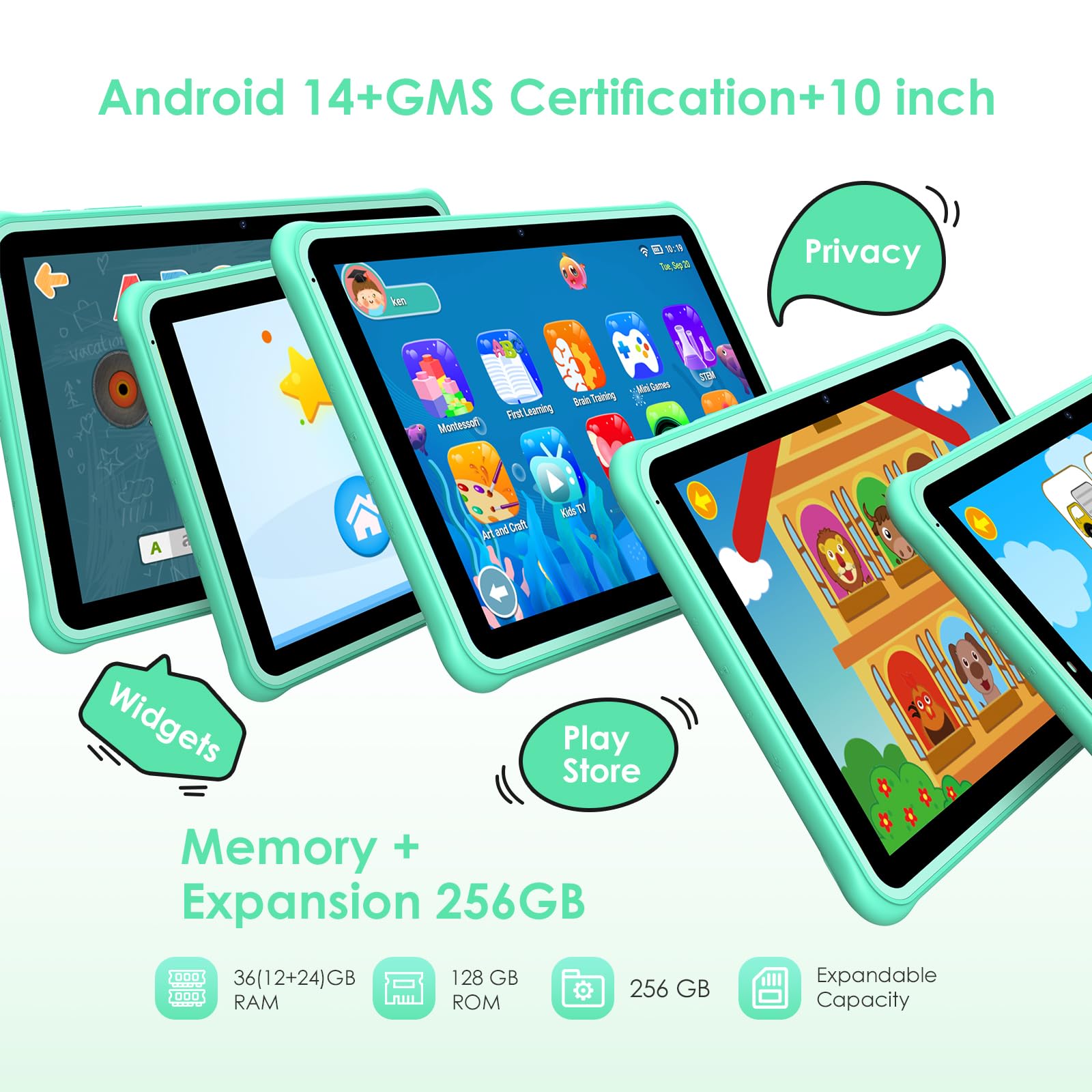 FASTWD Tablet per bambini 10 pollici Android 14 Tablets educativo,36GB RAM+128GB ROM(espandibile con SD),WiFi 6,controllo genitori,Widevine L1/BT 5.0/8+5 MP/Tablet per Bambini, (Verde)