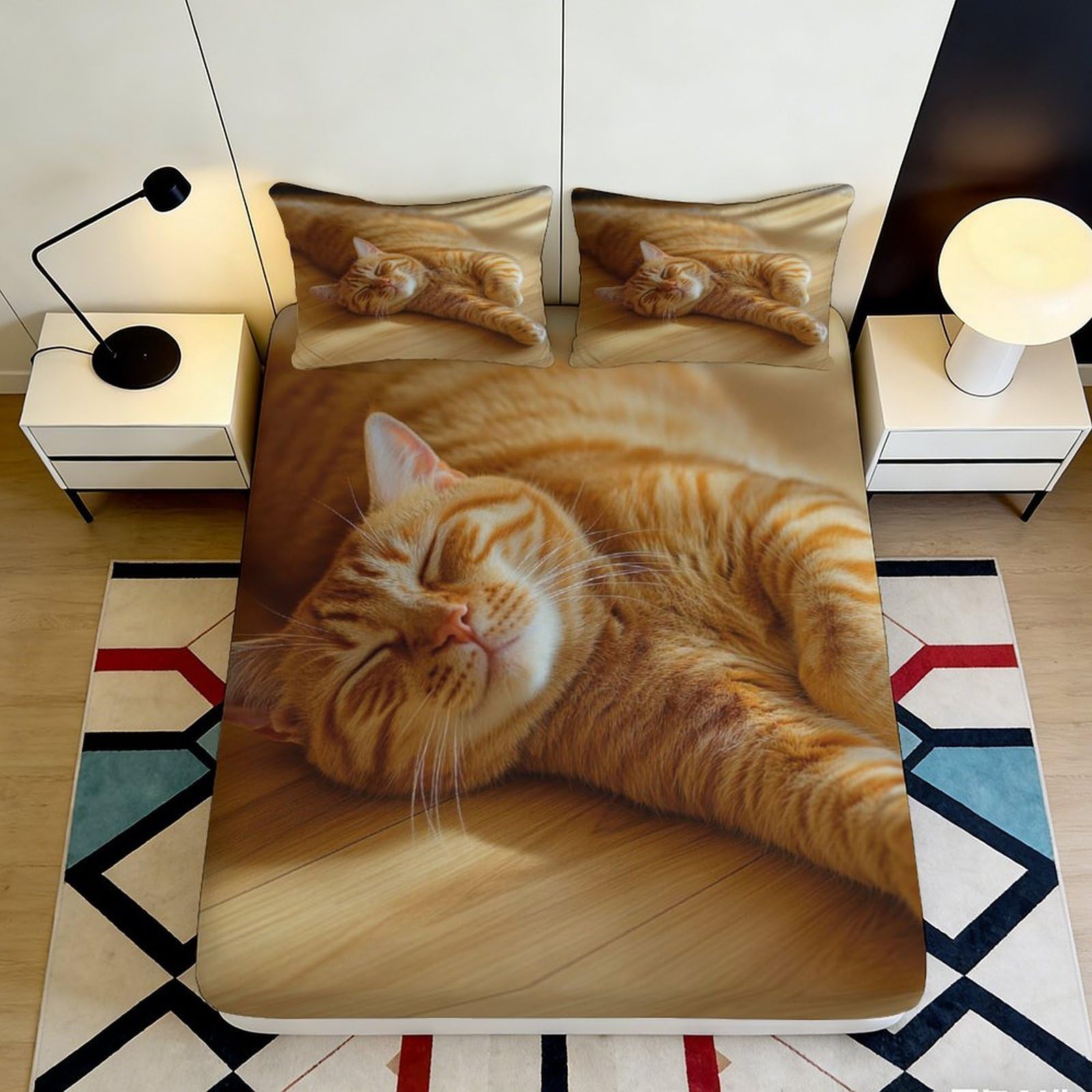 3D Printed Ginger Tabby Cat Fitted Sheet Microfiber Soft Non-slip Orange Cat Bed Cover for Bedroom Dorm Mattress Decor 90x200x25cm