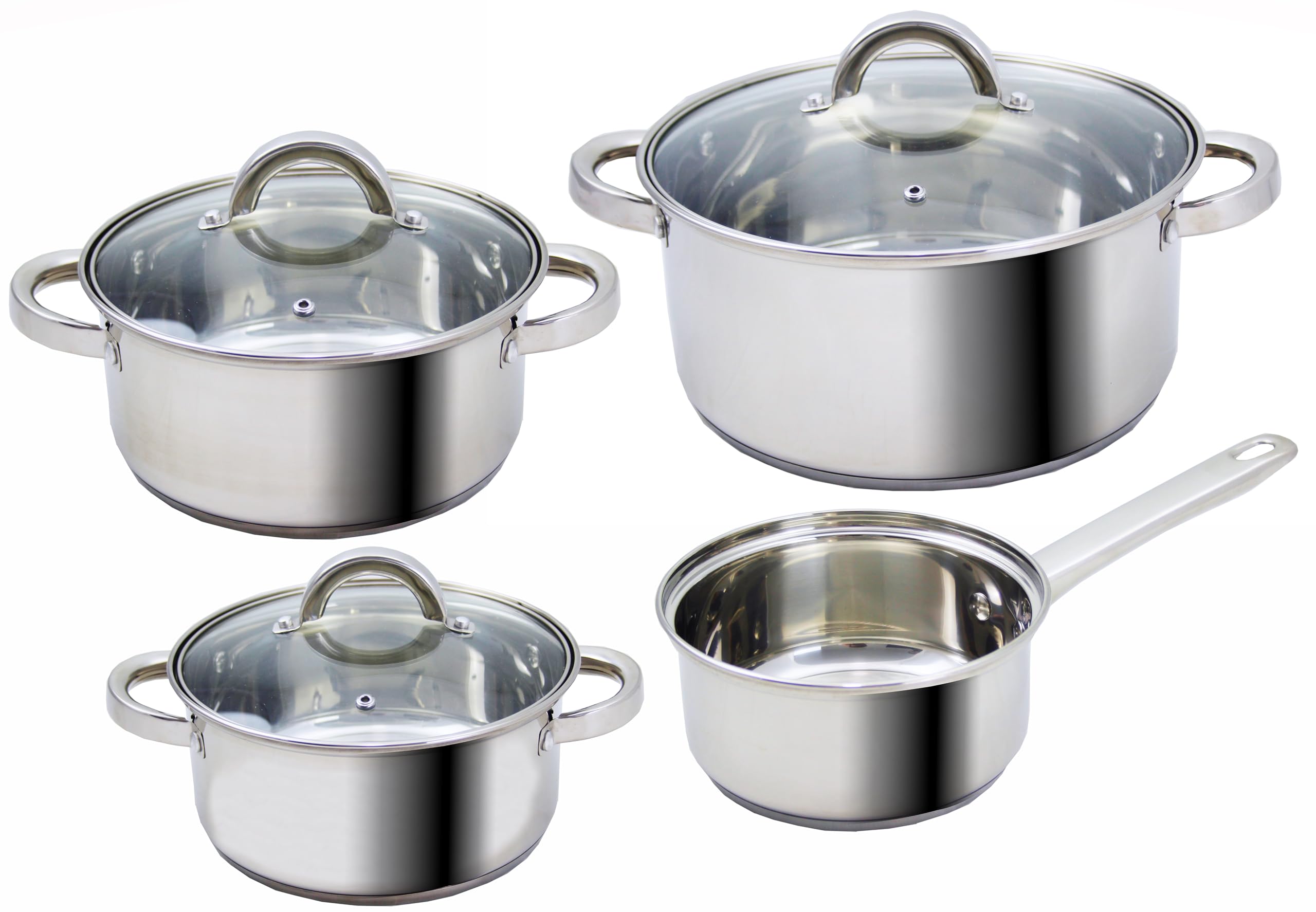 Bastilipo - Suiza 7 inox - Set Batería de cocina 7 piezas de acero inoxidable AISI 430 con tapas de cristal templado con válvula - Apto para cocinas de gas, eléctrica, vitrocerámica e inducción