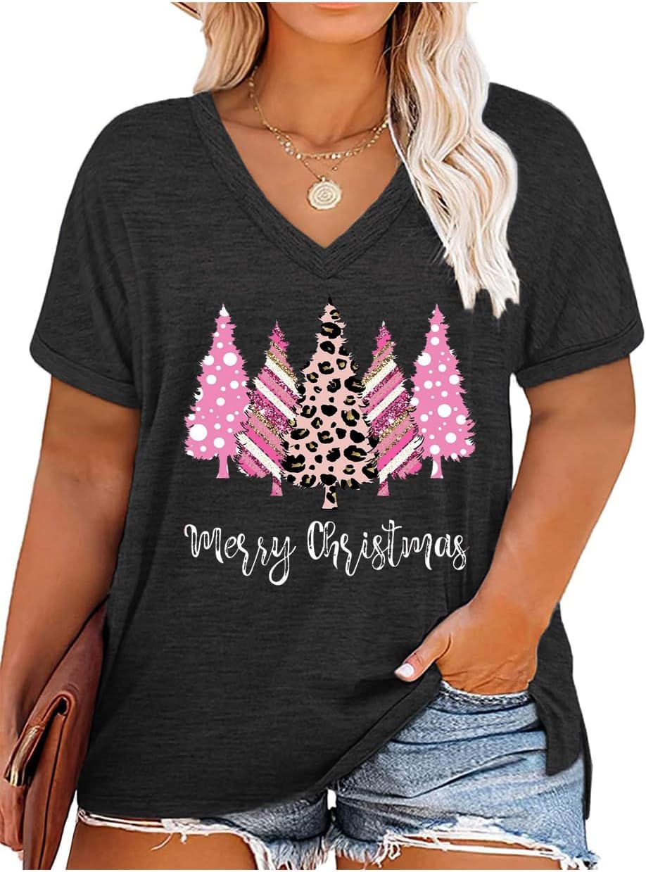 FCHICH Plus Size V Neck Merry Christmas T Shirt Women Cute Xmas Trees Graphic Tee Casual Loose Fit Holiday Tops Blouse - Image 2