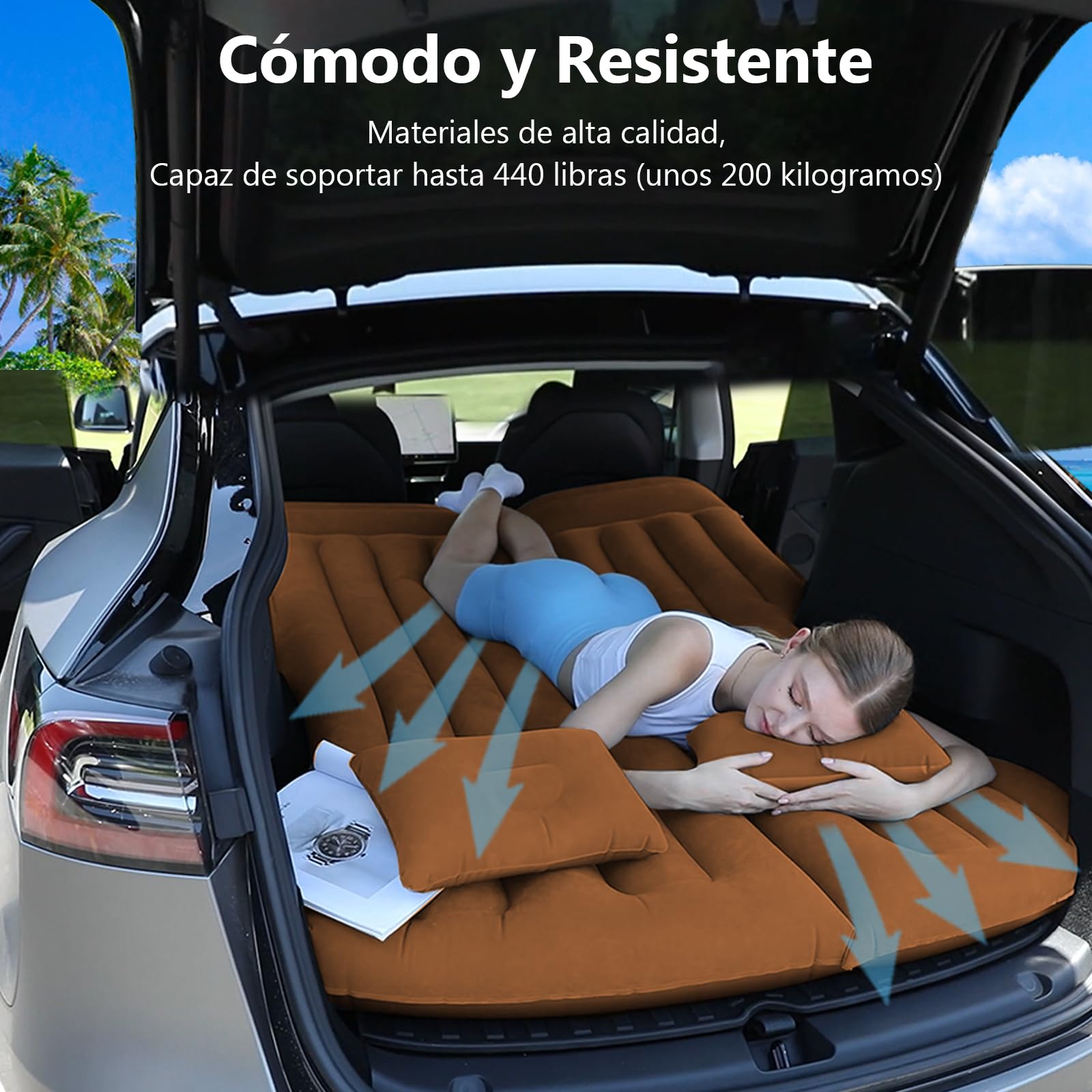 Colchón de Coche Inflable con Bomba de Aire y Almohada, Cama Portátil para Viajes y Camping, Grueso y Duradero (marrón)