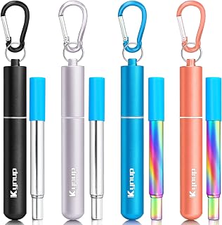 Kynup Collapsible Reusable Metal Straws 4-Pack with Cases, Brushes & Silicone Tips - Travel Cruise Essentials Blue Black Rose Gold Silver