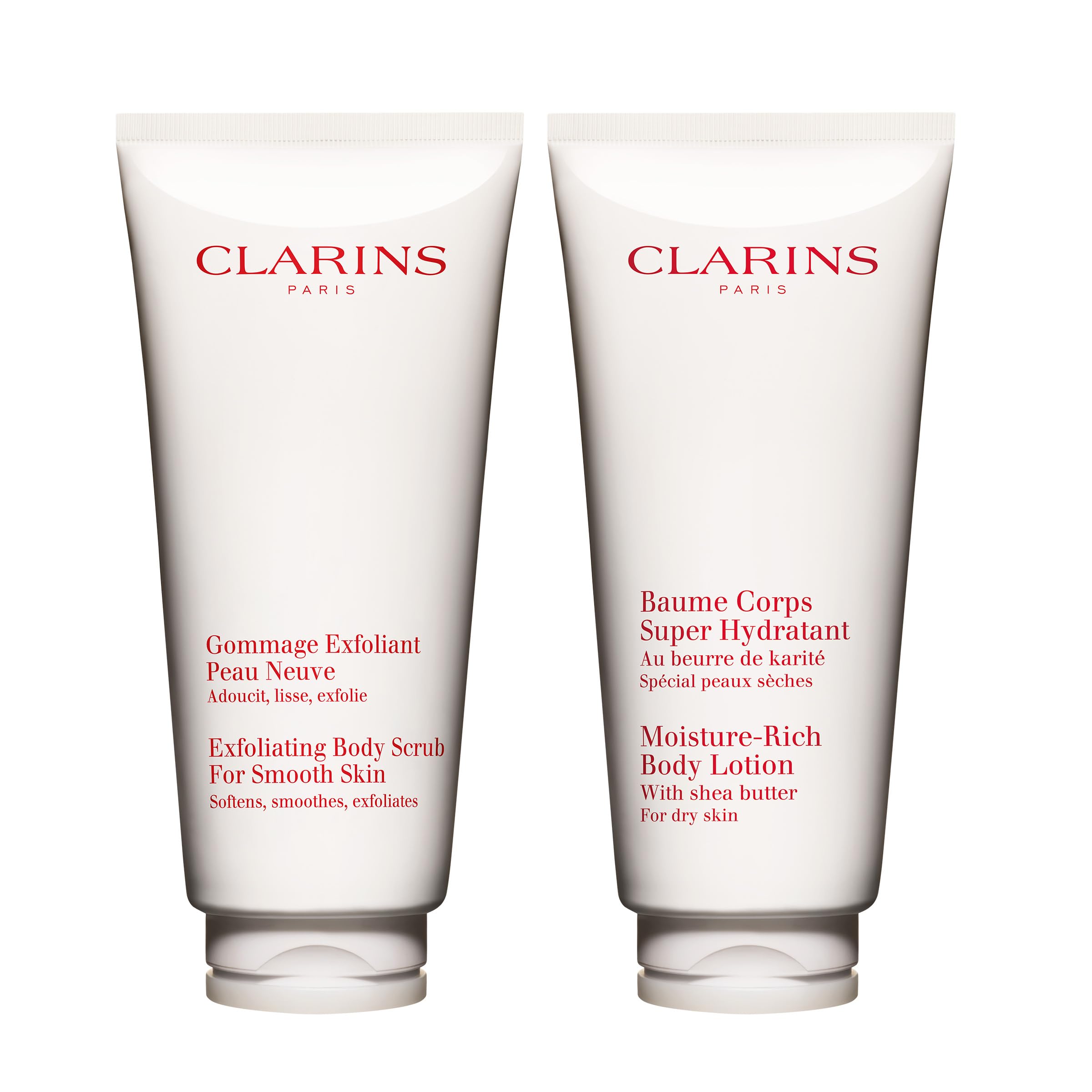 Clarins Moisture-Rich Body Lotion and Exfoliating Body Scrub for Smooth Skin Bundle | Body Cream Intensely Hydrates Very Dry Skin | Softening and Smoothing Body Scrub