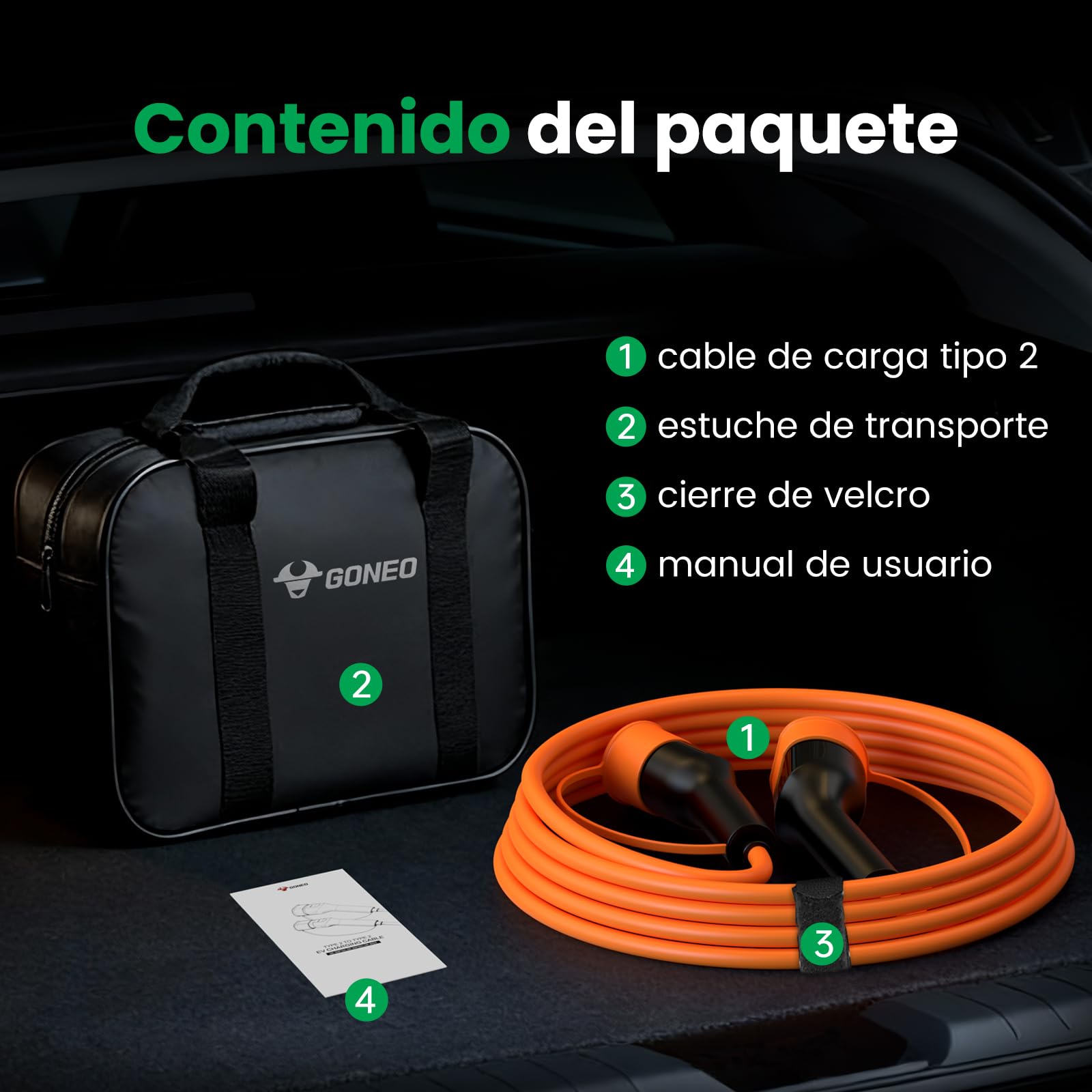 GONEO Cable de Carga Tipo 2 11kW 16A 6M Cable de Carga para Vehículos Eléctricos Trifásico Modo 3 Protección IP54 y UL94 V-0 Contactos Plateados Libre de Halógenos Incluye Bolsa de Transporte