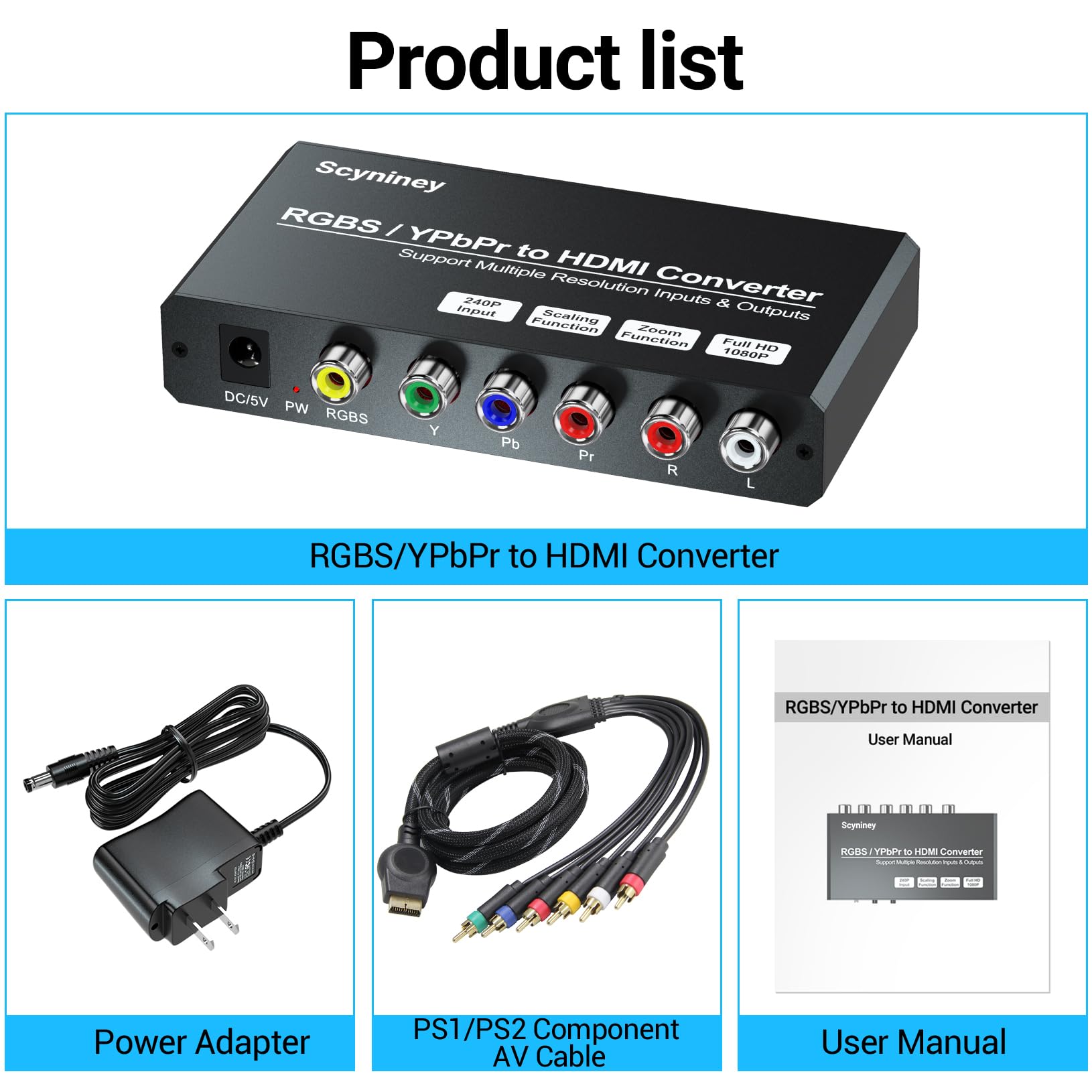 Convertidor escalador de componentes RGBS a HDMI, convertidor Scyniney RGBS YPbPr a HDMI con función de escala, compatible con entrada 240P para PS1/PS One/PS2/NGC/Wii/DVD/VHS/VCR