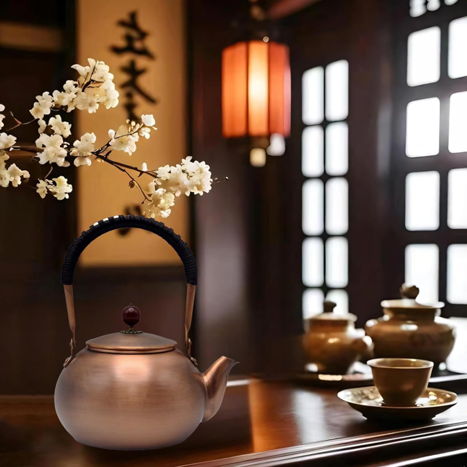 40.6oz Copper Tea Kettle for Stovetop Safe, Chinese Style Non-Coating Pure Copper Teapot with Tea Ball for Loose Tea, Handmade Solid Tea Pot with Non Slip Handle(1200ml)