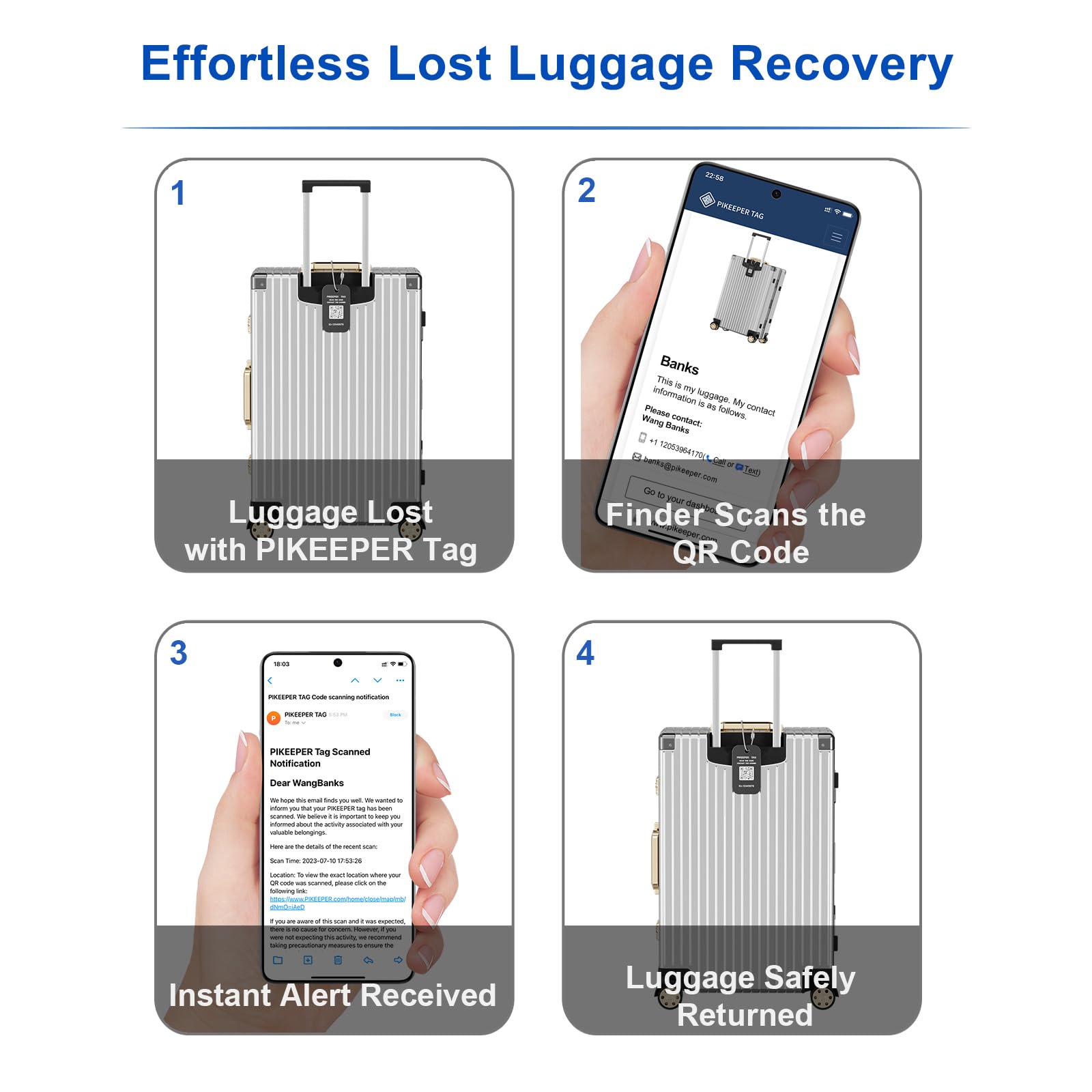 Etiquetas inteligentes para equipaje con visualización de ubicación de código QR, etiquetas personalizables con protección de privacidad para objetos perdidos y encontrados, paquete de 4