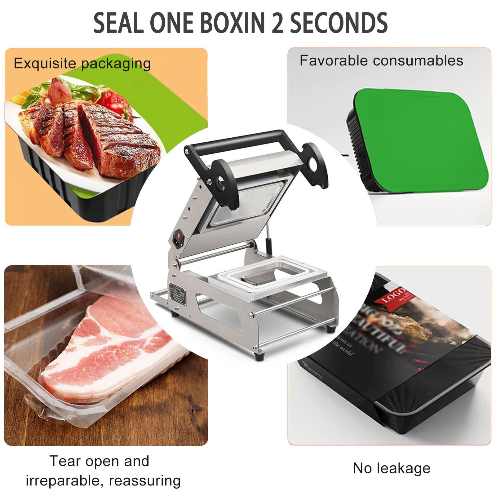 Selladora Manual de Bandejas para Alimentos, Sellado por Presión para Envases de Comida para Llevar, con Mango Antideslizante y Portarrollos – para Carne, Comida Preparada, Fruta A