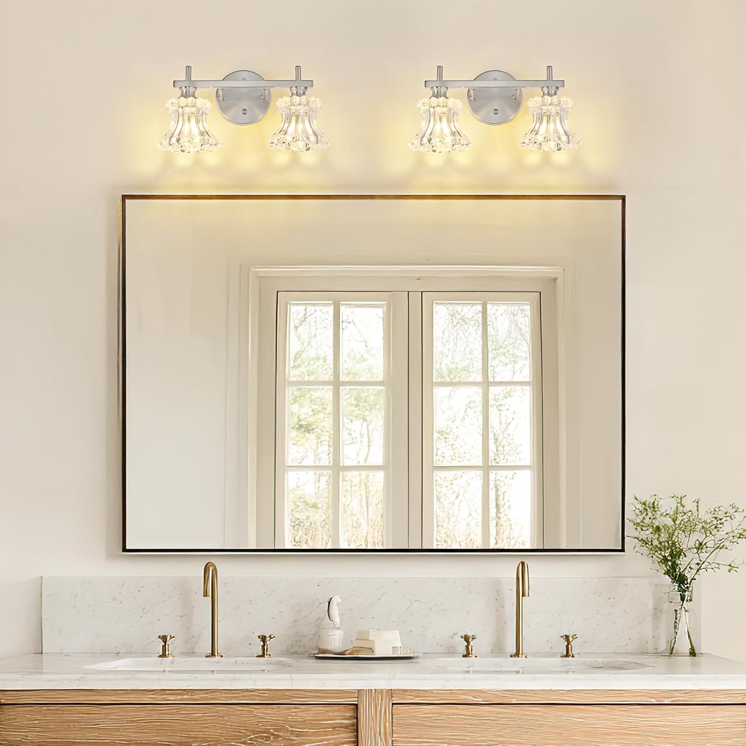 Brused Nickel Bathroom Light Fixture 2-Lights Vintage Vanity Lights Gold Plating Finish Bathroom Lighting Fixtures Over Mirror with Thick Glass Shade for Hallway,Living Room,Bedroom