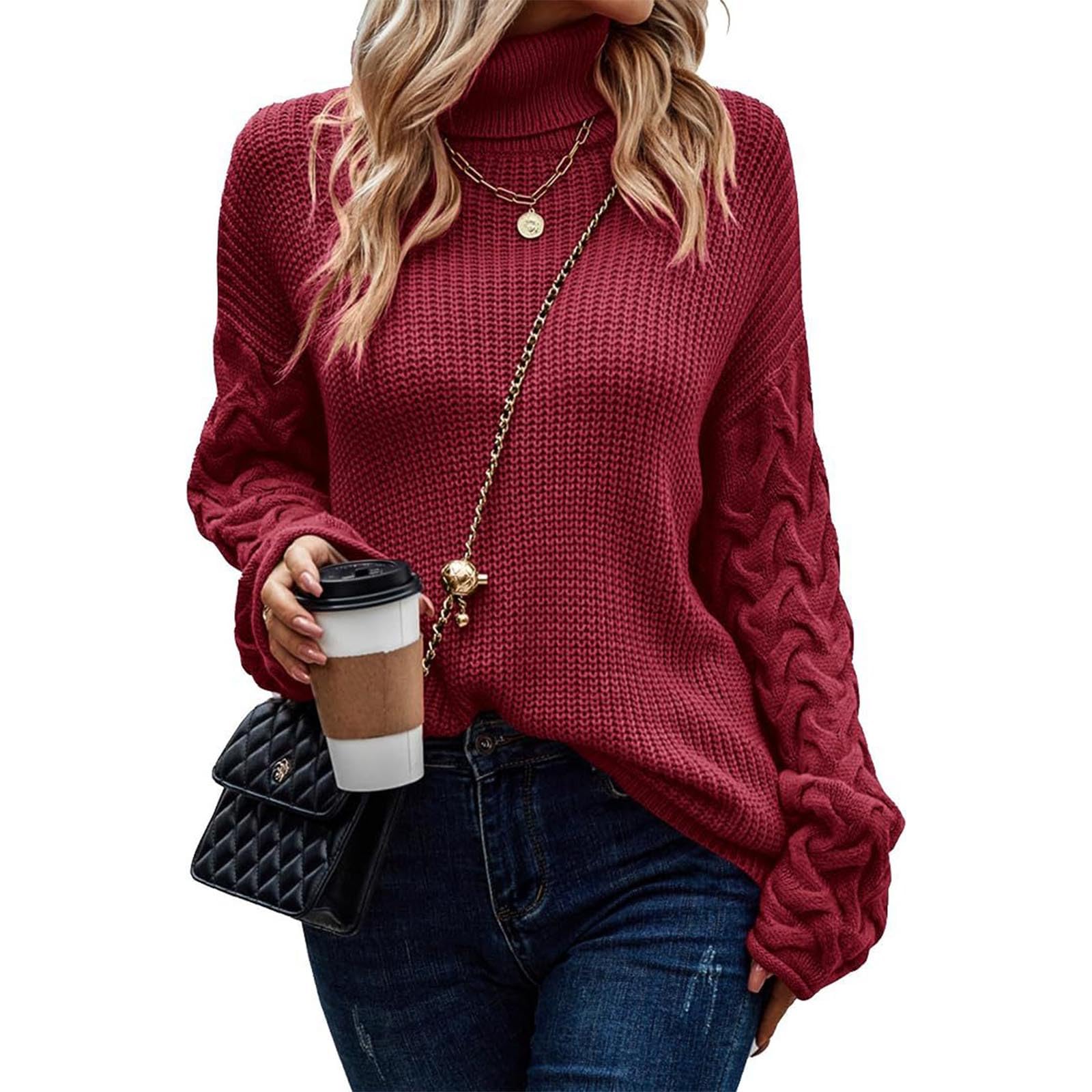 Greabuy Maglione lavorato a maglia a trecce a tinta unita da donna a maniche lunghe autunno inverno pullover felpa per donna maglione casual camicie da donna maglioni da donna felpe a maglia leggere,