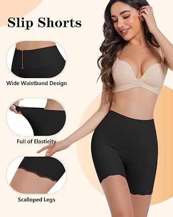 Women's High Waisted Cooling Slip Shorts - Anti Chafing Under Dress Shorts for Women, Scalloped Edge Safety Shorts