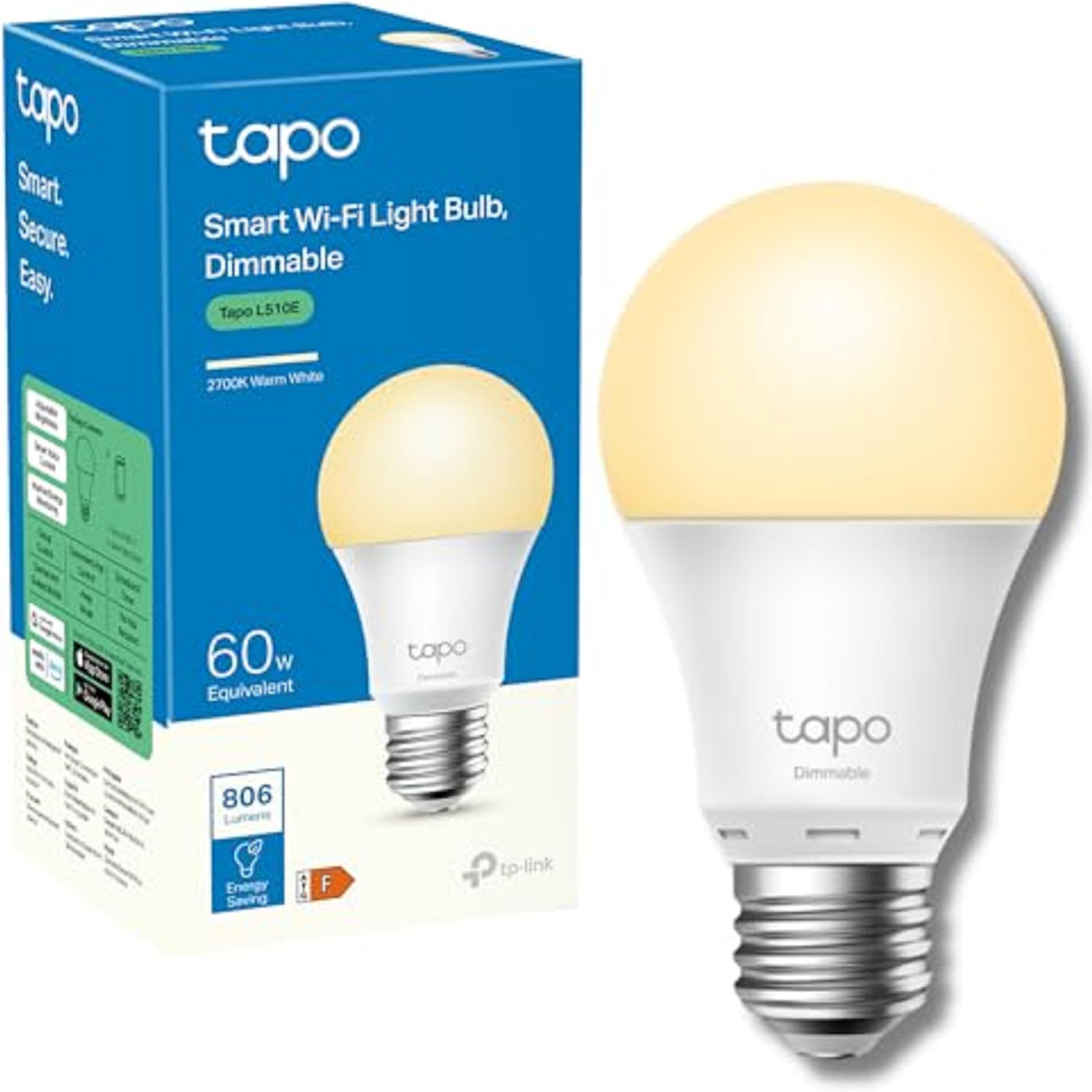 L510E Smart Bulb, Smart WiFi LED Light, E27, Works with Amazon Alexa(Echo and Echo Dot), Google Home, Dimmable Soft Warm White, No Hub Required [Energy Class F]