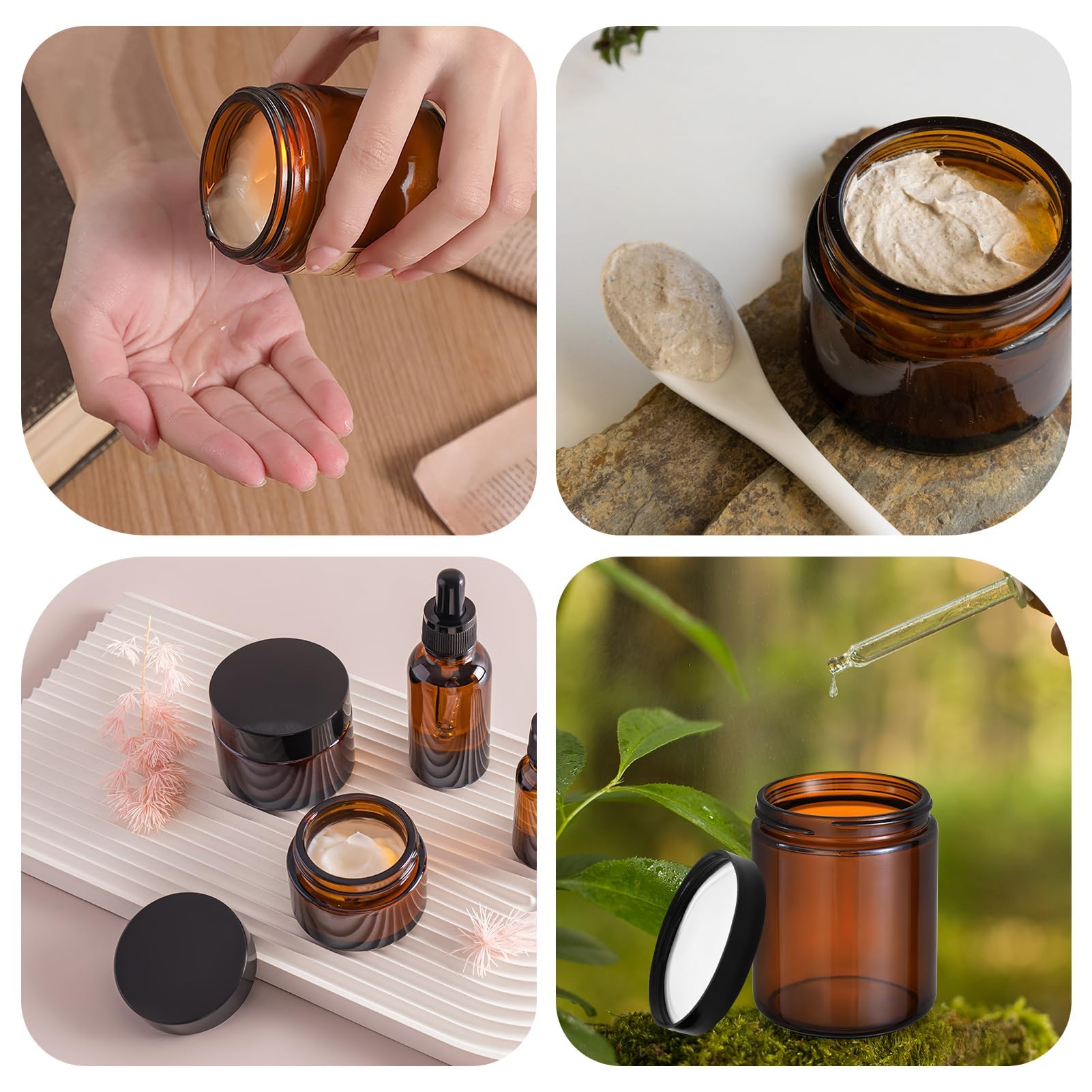 Tarros de crema para rellenar, juego de 8 recipientes de cristal marrón 240 ml con tapa, ideal para cosméticos, especias y productos de bricolaje, protección