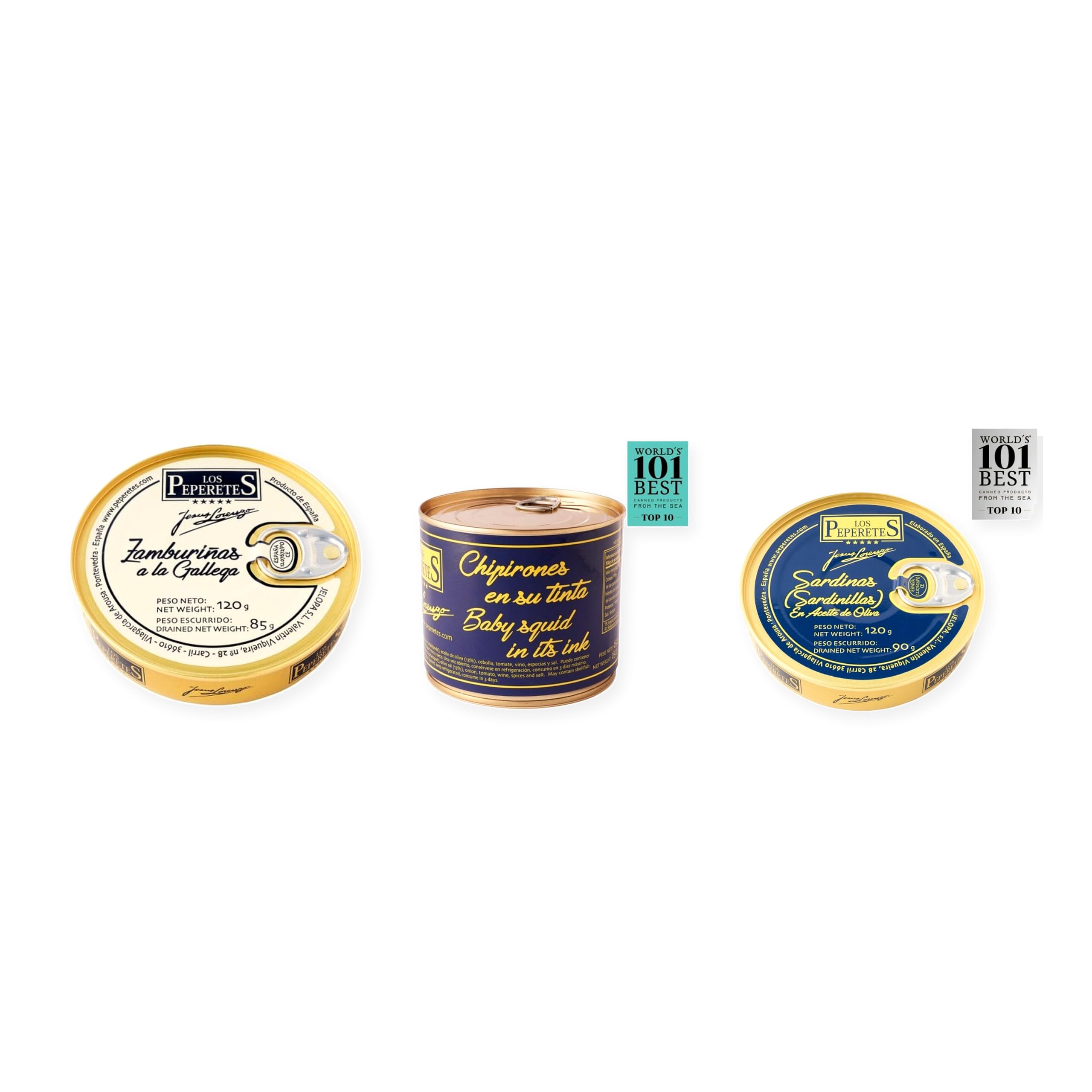 los peperetes conservas Zamburiñas Gallega, Chipirones Tinta 460g y Sardinillas Aceite Oliva pack 3 latas