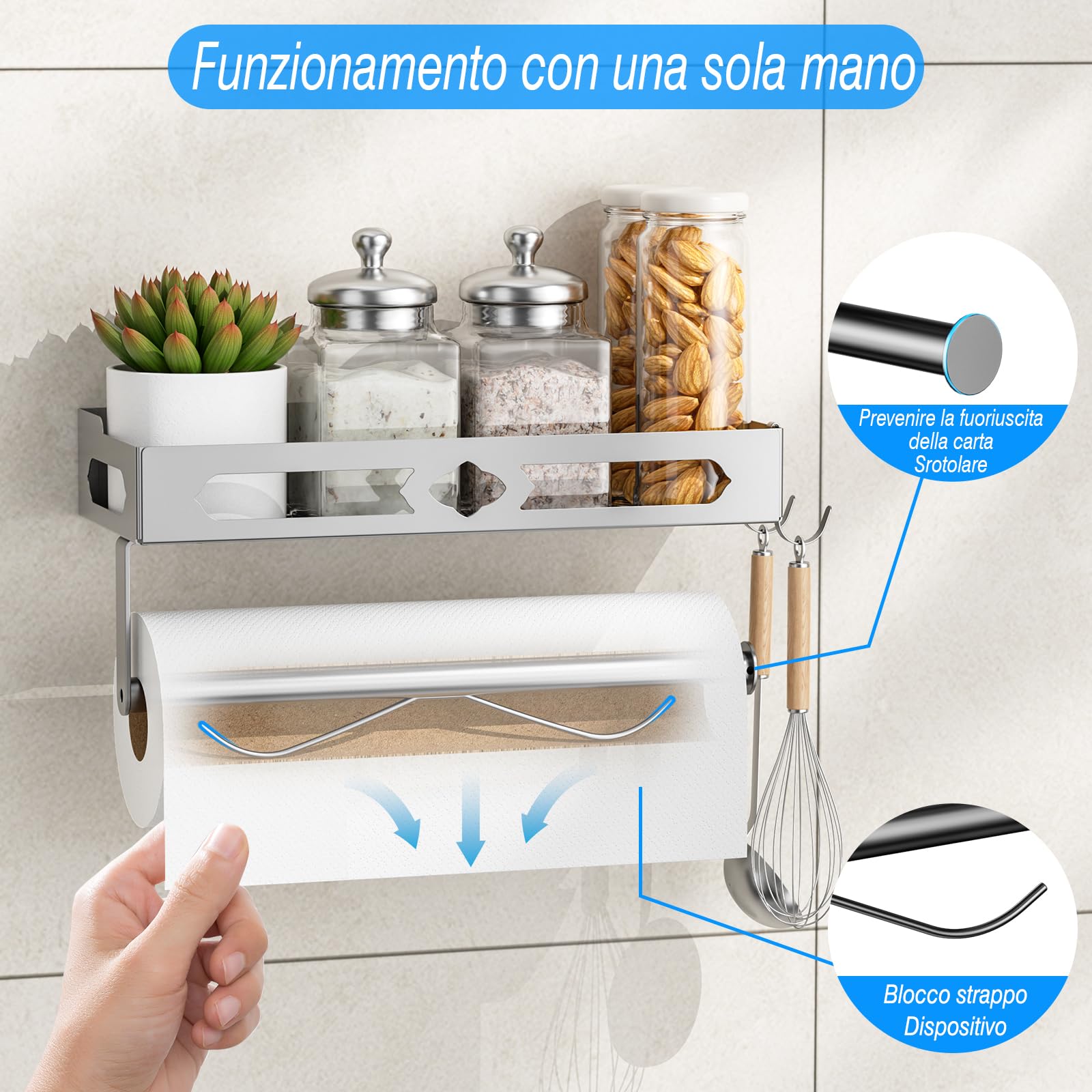 BOIVSHI portaspezie con portarotolo e ganci, Portaspezie Da Appendere con portaro tolo, mensola da cucina da parete, argento
