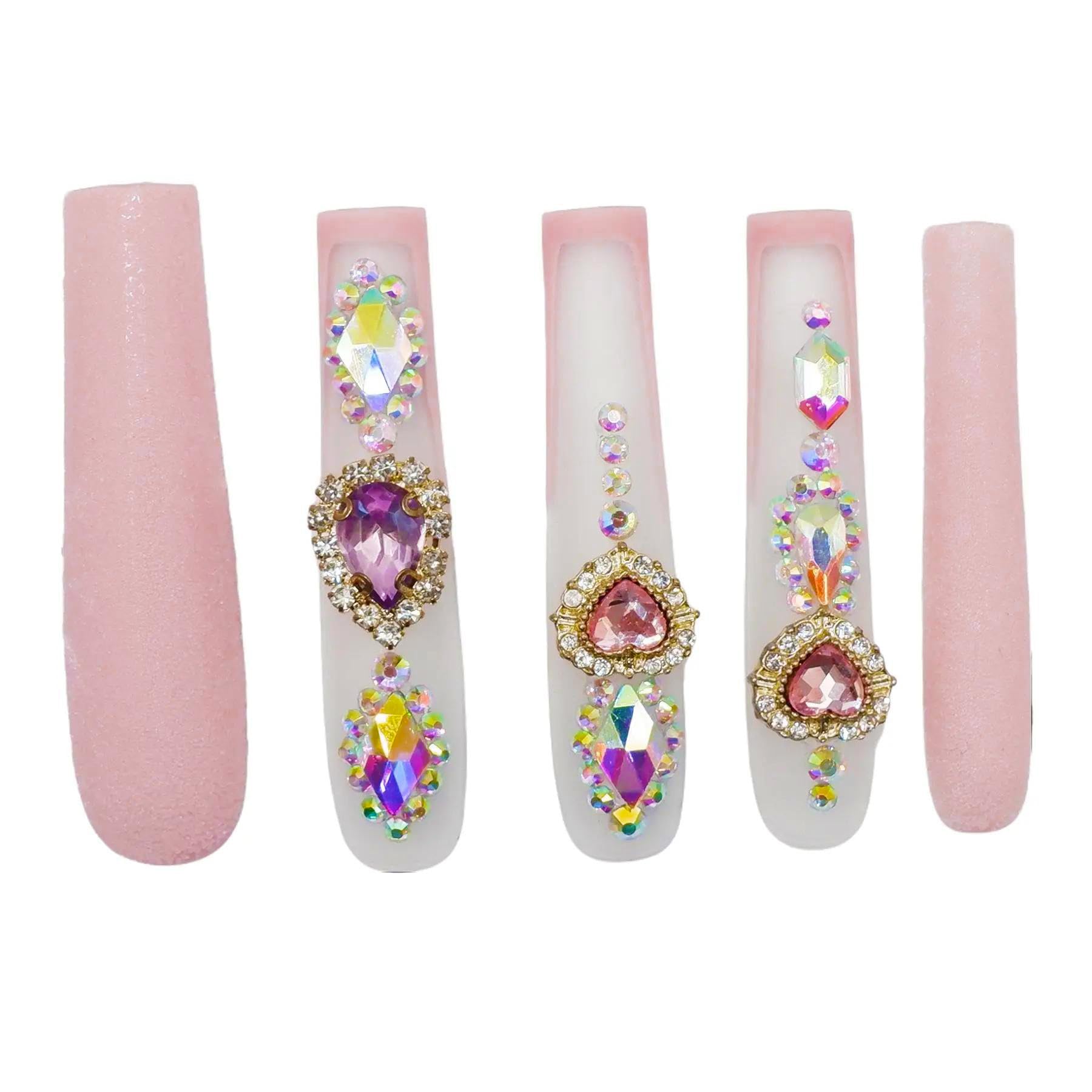 SLANGO Long Press on Nails 2" Acrylic Hand Made False Nails French Tips with Charms Pink Set, 4809，L
