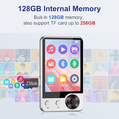 Miniatura 3 de Reproductor MP3 de 128 GB con Bluetooth 5.3 mejorado, reproductor de música con altavoz HD, pantalla táctil de 2.4 pulgadas, ranura para tarjeta SD