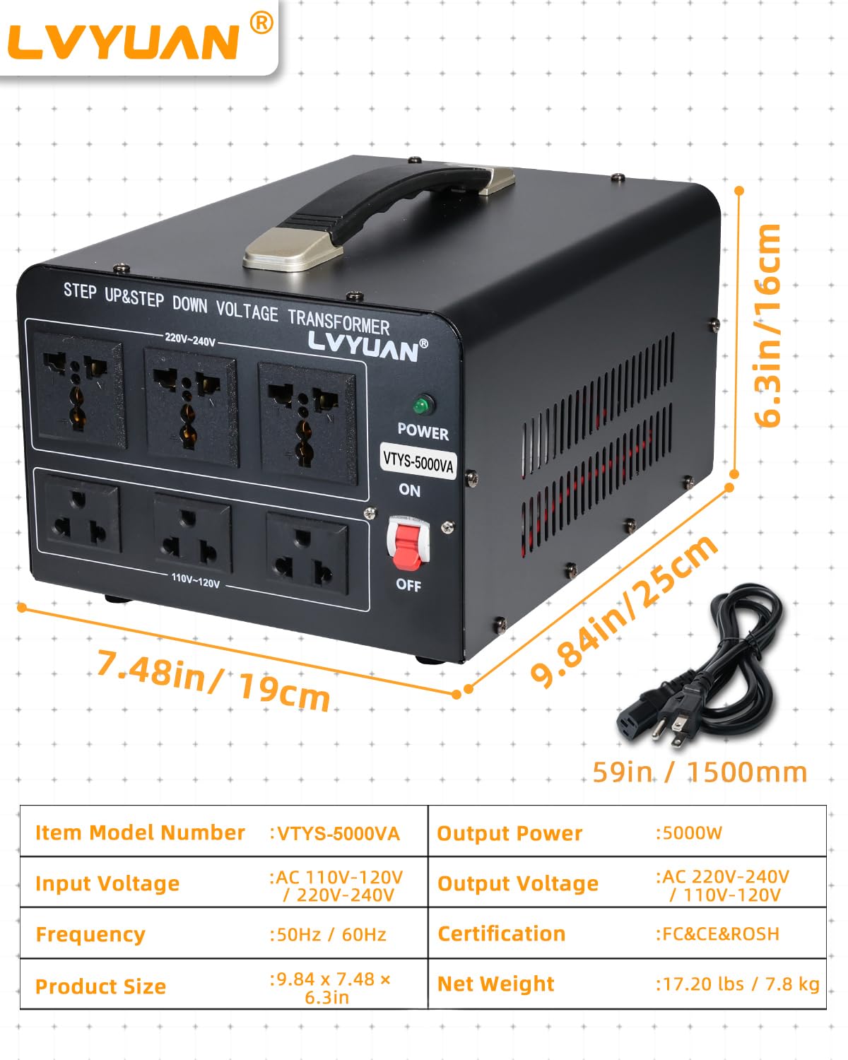 LVYUAN Convertidor de voltaje de 5000 vatios, resistente, elevación/bajada, CA 110 V/120 V/220 V/240 V, convertidor de potencia con 3 salidas de EE. UU., 3 salidas universales, protección de disyuntor