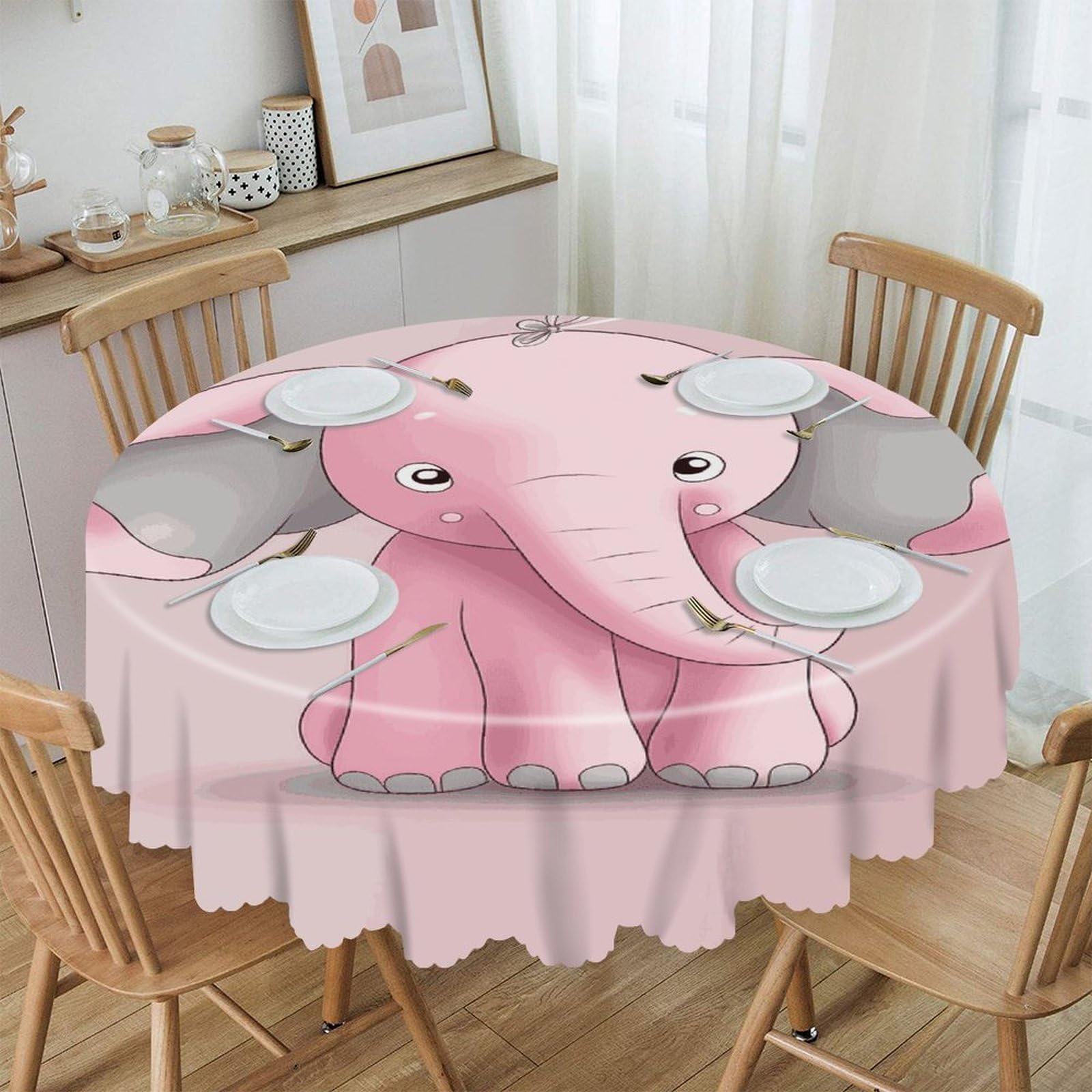 FekiLoot Pink Elephant Round Tablecloths 60 Inch Resistant Washable Polyester Table Cloth Style Decorative Circle Fabric Table Cover for Dining Kitchen Party Farmhouse Outdoor