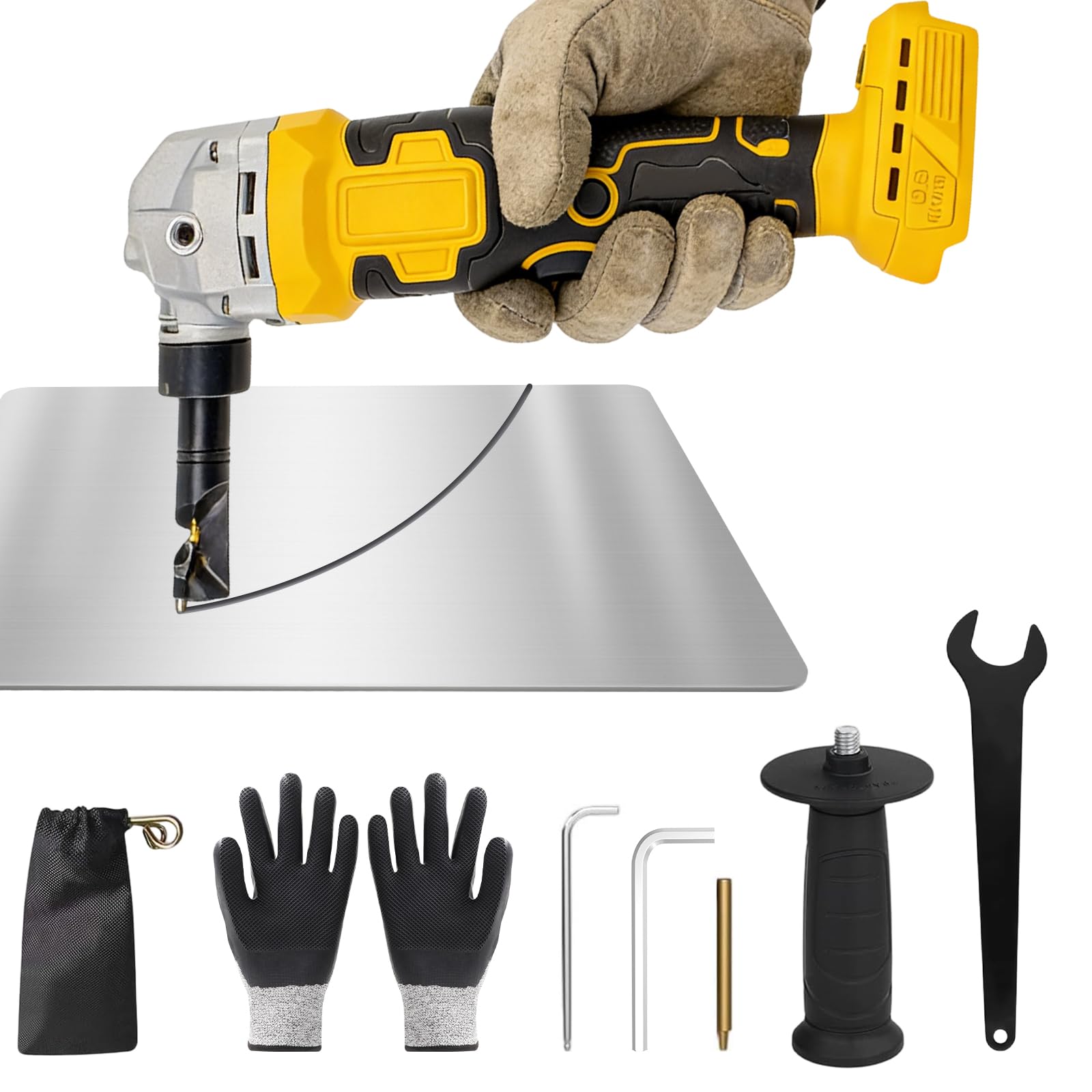 Grignoteuse de métal sans fil compatible avec batterie DeWalt 20V, cisaille électrique sans balais pour métal à 1900 tr/min,tête grignoteuse réglable à 3 vitesses rotative 360°(sans batterie)