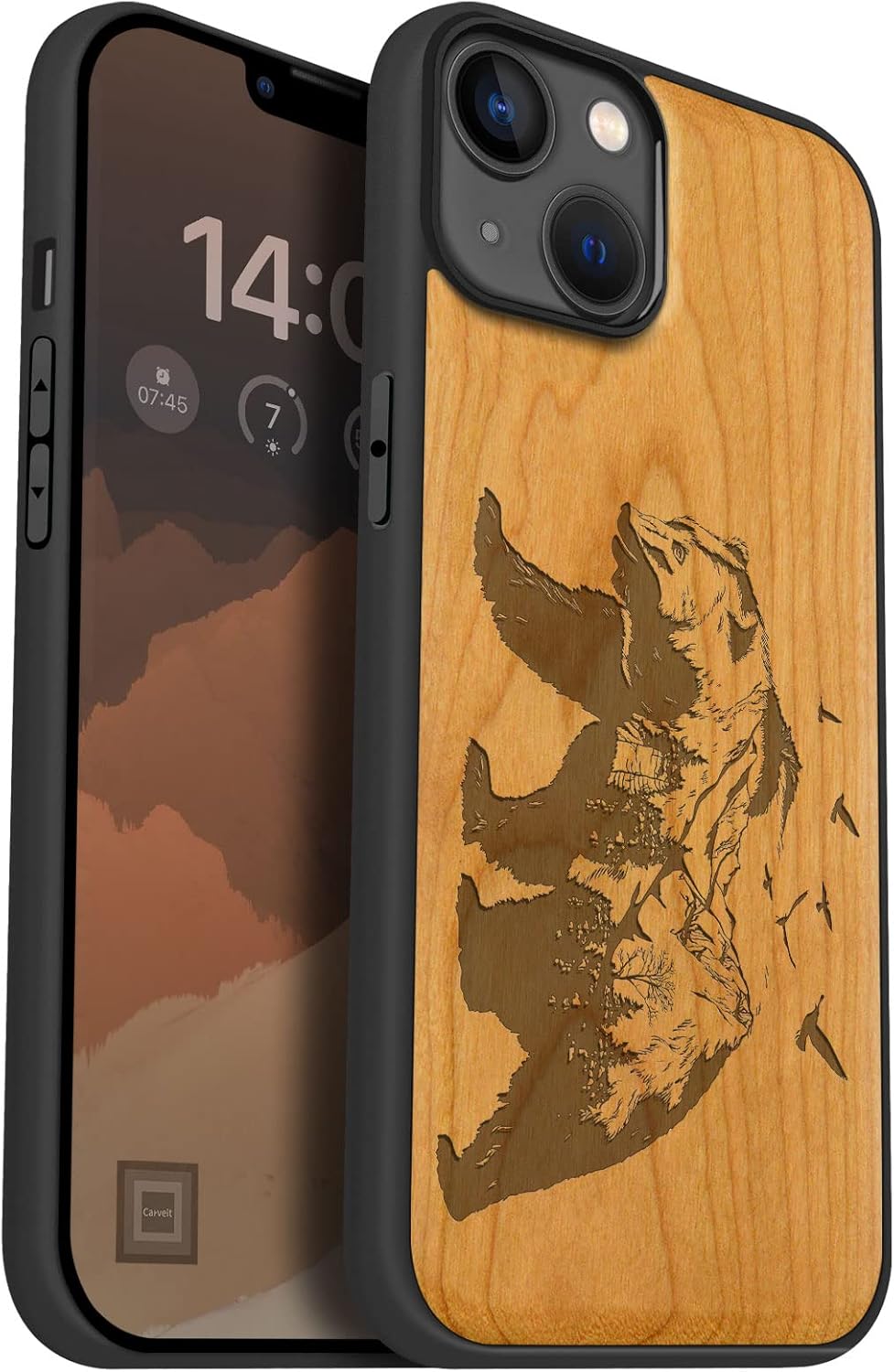 Carveit Magnetic Wood Case for iPhone 14 Plus Case [Natural Wood & Black Soft TPU] Unique & Classy Wooden Shockproof Protective Cover Compatible with magsafe (Bear and Valleys -Blackwood)