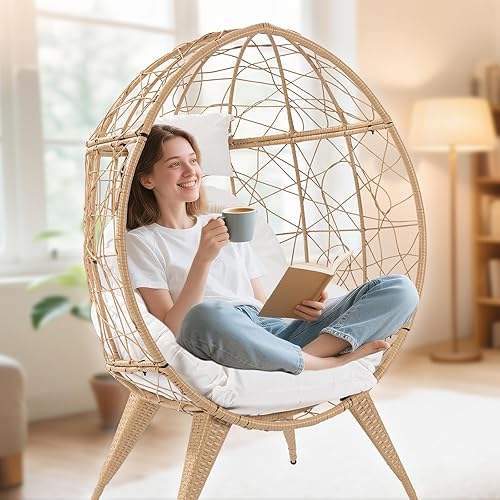 Rattan Egg Chair for Adult, Indoor Outdoor Patio Large Wicker Egg Chair with Overstuffed Cushions, Steel Frame, Boho Nest Seat for Patio, Bedroom, Lawn, Backyard, Beige, 440lb Capacity