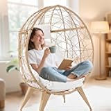 Rattan Egg Chair for Adult, Indoor Outdoor Patio Large Wicker Egg Chair with Overstuffed Cushions, Steel Frame, Boho Nest Seat for Patio, Bedroom, Lawn, Backyard, Beige, 440lb Capacity