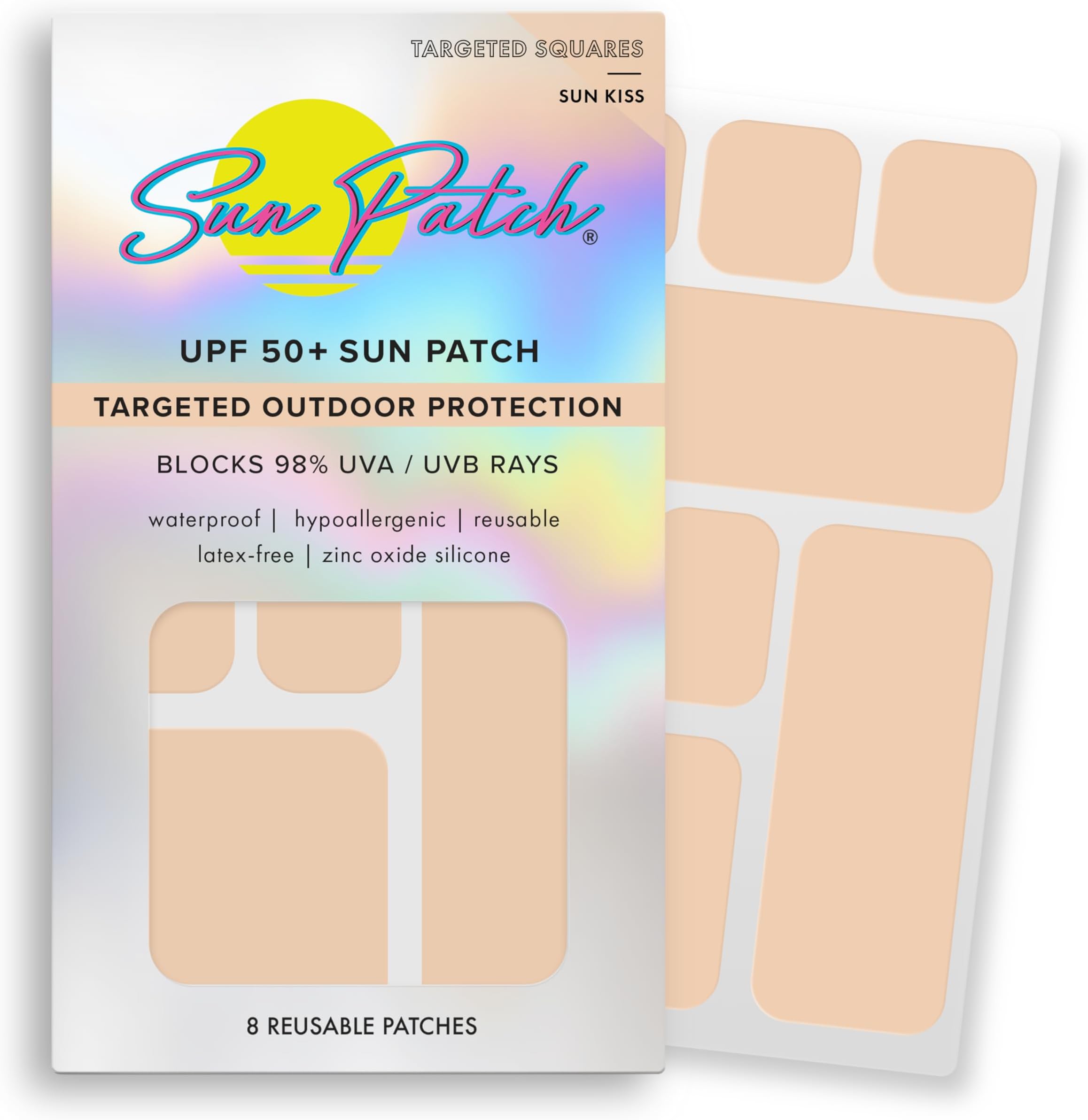 Sun Patch Hypoallergenic Sun-Screen Square Shaped Patches, 100% Silicone UPF-50 UV Protection, Reusable, 1 Pack/8 Squares, Sunkiss (Nude)