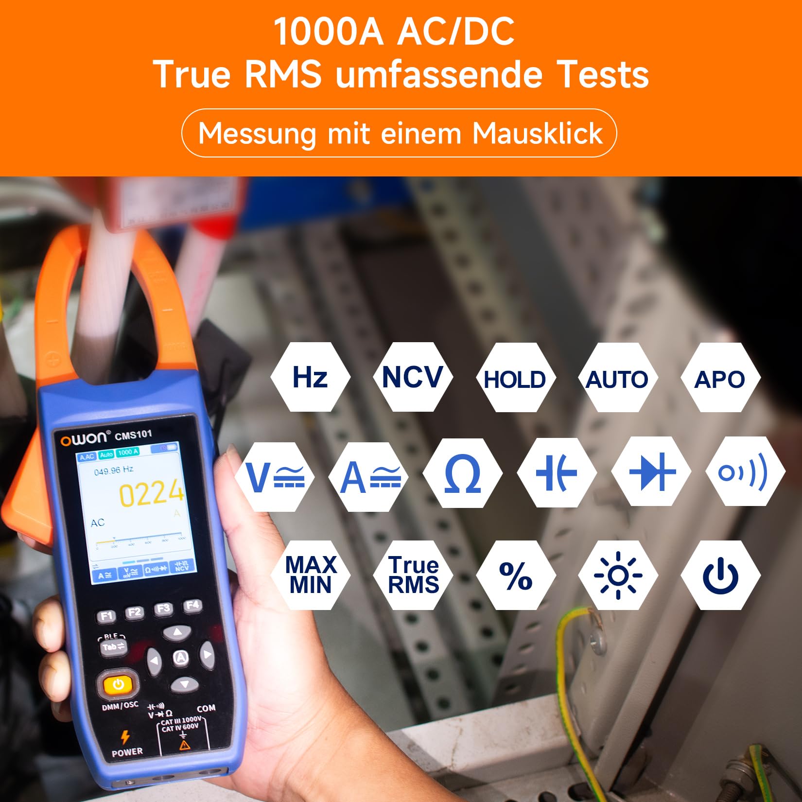 OWON CMS101 Bluetooth Stromzangenmessgerät AC/DC, Oszilloskopfunktion, Schreiberfunktion 3 in 1, 20000 Zählungen True RMS Auto-Range, Bluetooth Stromzangenmessgerät für Elektrofahrzeug