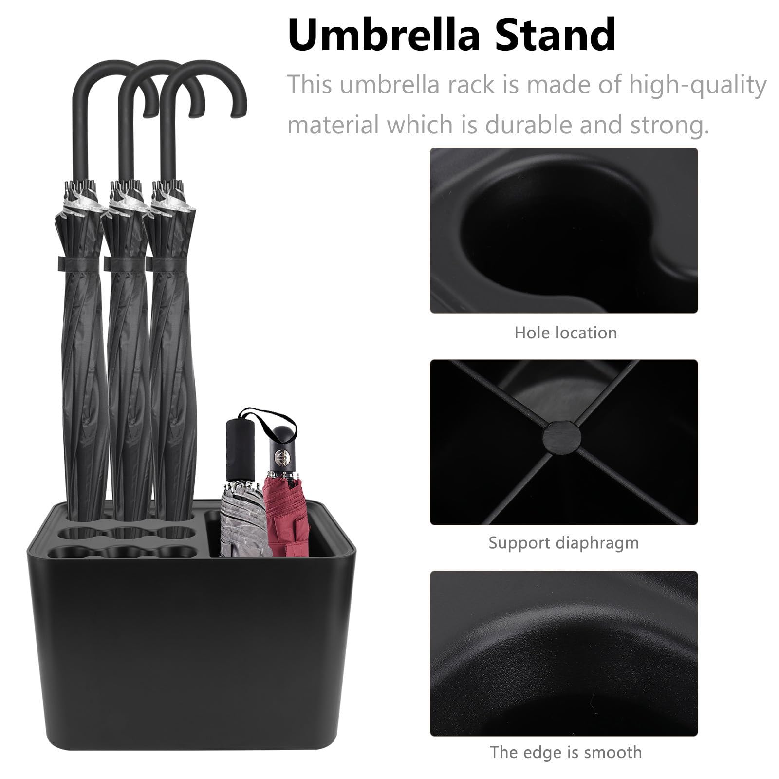TEHAUX Portaombrelli da Esterno Design Nordico in Ps Nero Installazione a Parete e Vassoio Raccogli Acqua per Ingresso e Retro Porta, Supporto Creativo per Ombrelli