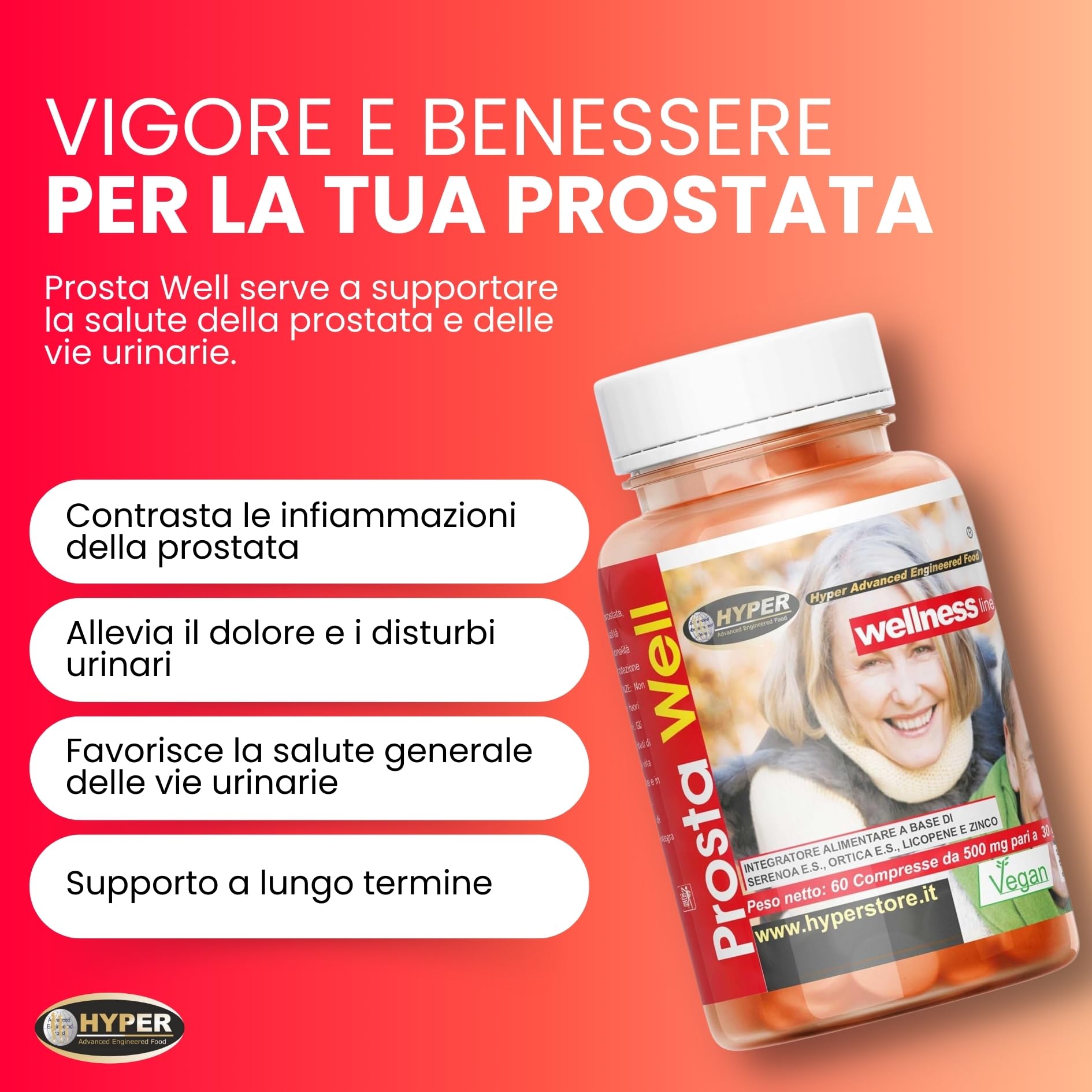 Hyper Integratore Alimentare Prostata Benessere Salute Favorisce la Funzionalità della Prostata e delle Vie Urinarie con Serenoa Repens Saw palmetto Ortica Licopene Rimedio Naturale 60 Compresse