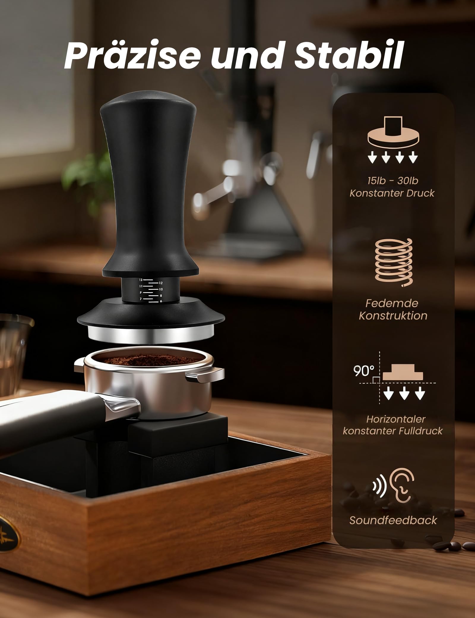 Kaffee Tamper 51mm, Edelstahl Espresso Tamper mit 15lbs Anpressdruck, 304 Edelstahl Base, Skalenanpassung, Kaffeepresse mit Tamper-Base Flat, für 51mm Bodenloser Siebträger