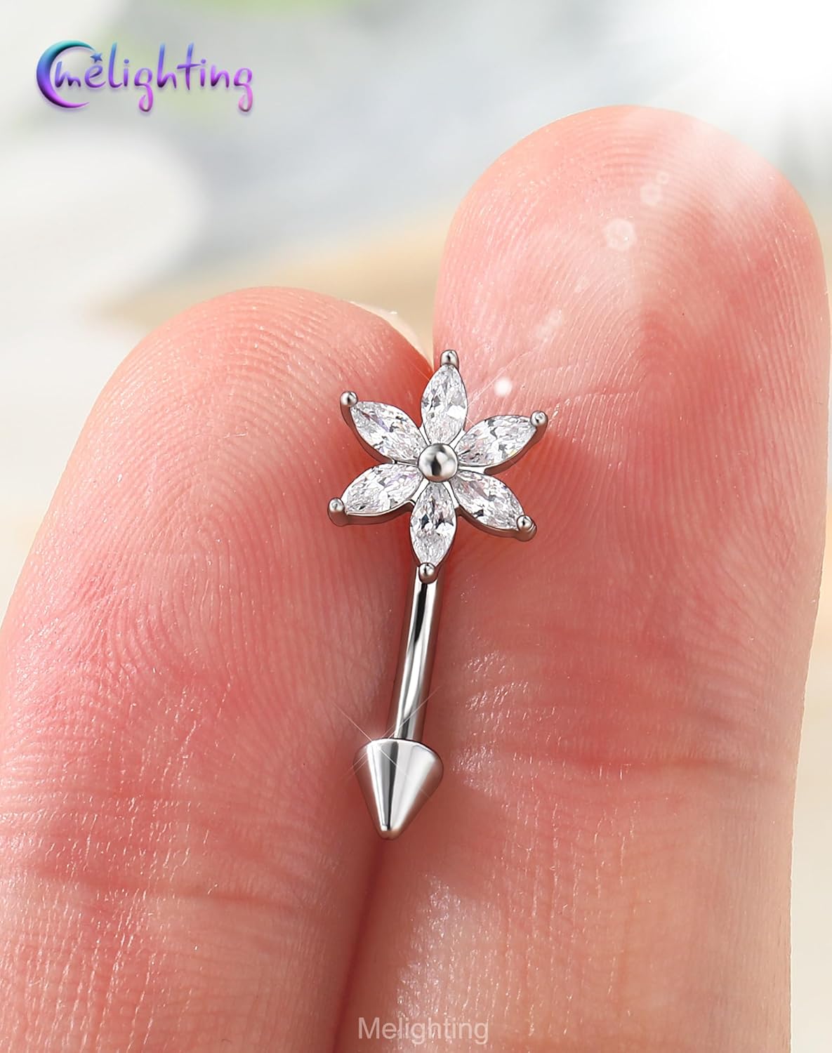 Melighting 16G Flower Rook Piercing Jewelry Surgical Steel 316L, Marquise CZ Eyebrow Ring, 8 mm Silver Vertical Labret Lip Jewelry, Lotus Cartilage Helix Earring for Women - Image 2