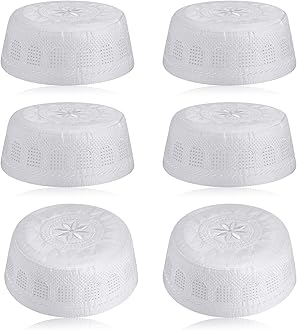 6 Pcs Eid Muslim Prayer Kufi Hat for Men Prayer Headwear Cap Islamic Beanie Skull Cap Embroidery Kofia Topi