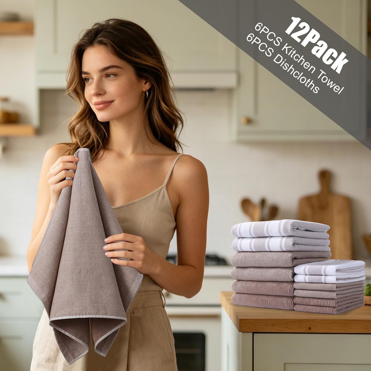 Natural Ring Spun Kitchen Towels and Dishcloths Sets - 12 Pack 16 x 25 inches Kitchen Towels and 13 x 13 inches Dishcloths, Ultra Soft Kitchen Towels Set, Super Absorbent 400 GSM Dish Towels