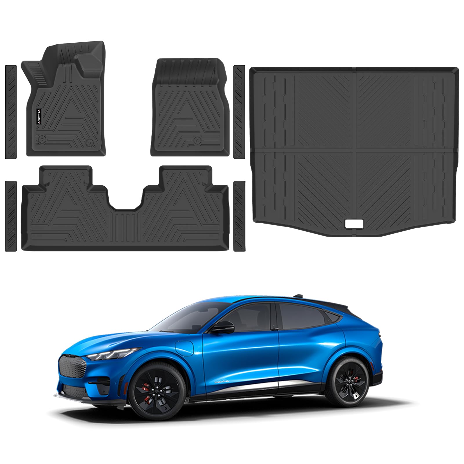 All Weather Floor Mats Cargo Liner for Ford Mustang Mach E 2021-2025 (NOT for Ford Mustang), TPE Rubber Floor Liners Anti-Slip Full Set Mats with Door Sill Protectors for 2025 Mach E Accessories